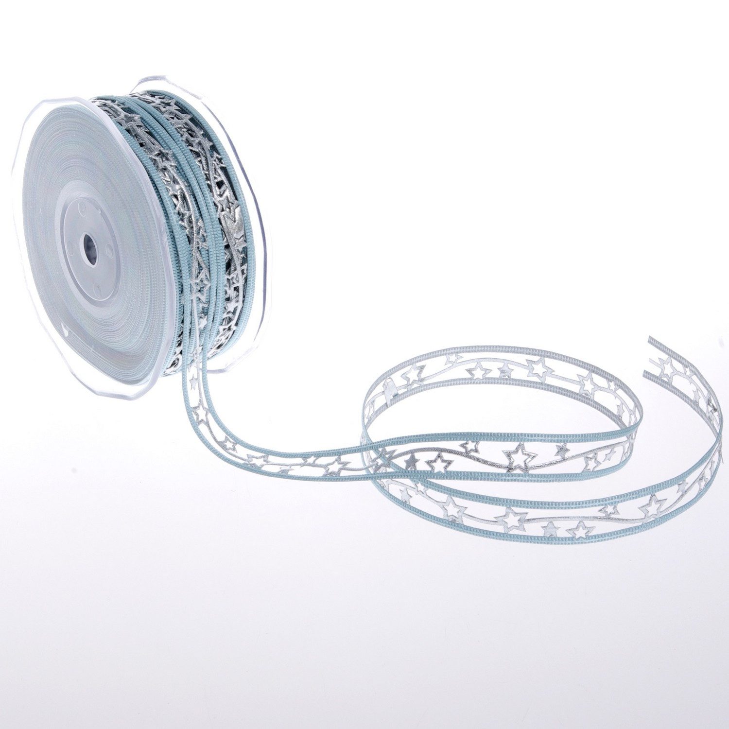Deko AS Dekoband Weihnachtsband mit Sternchen - hellblau/silber - 15 mm Breite - 20 m