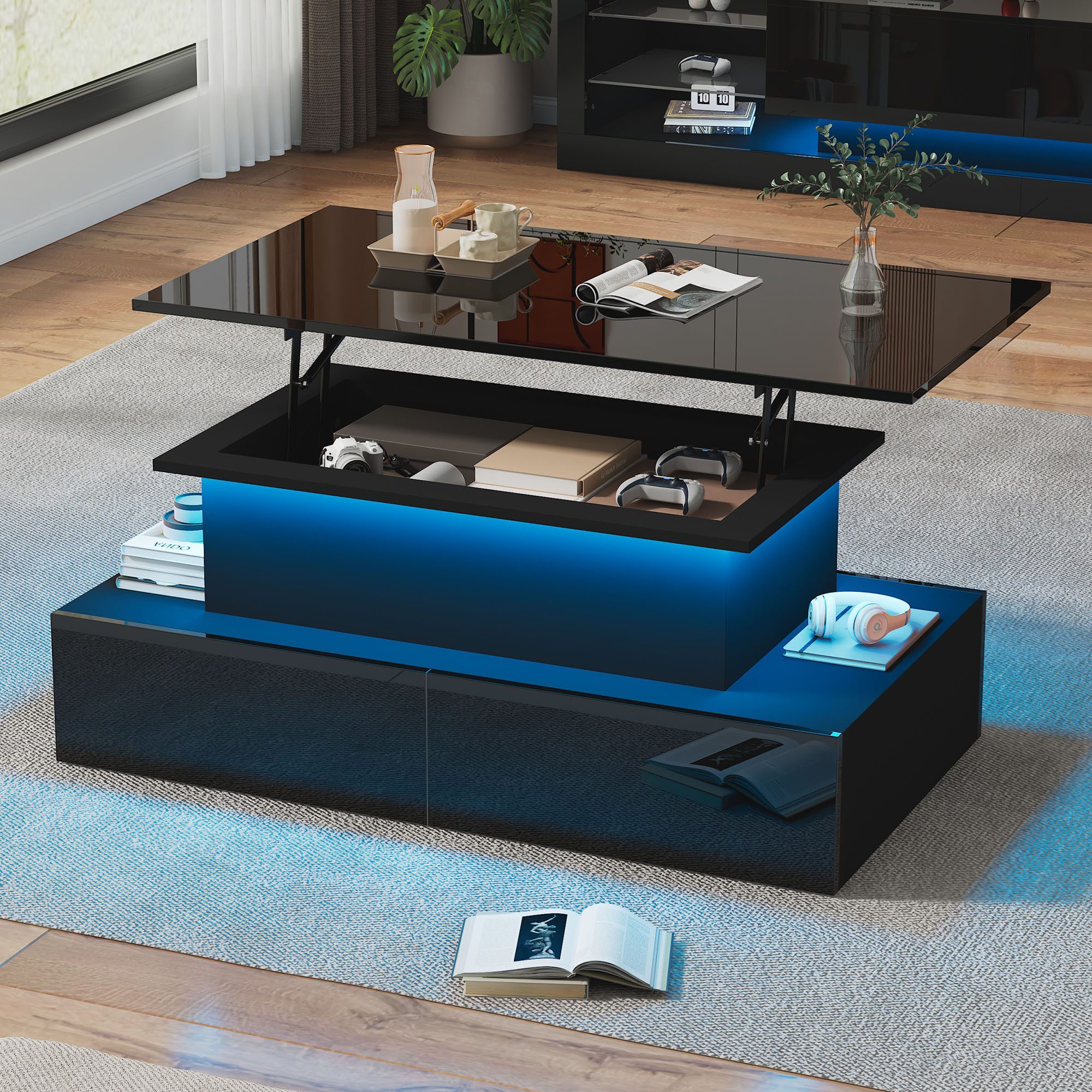 KLAM HOME Couchtisch Höhenverstellbarer Couchtisch Mit LED Beleuchtung Und Schublade (Moderner Beistelltisch 90x55x41 cm mit ausziehbarer Tischplatte), Couchtisch mit Stauraum, Click-to-Open Schubladen & App-LED