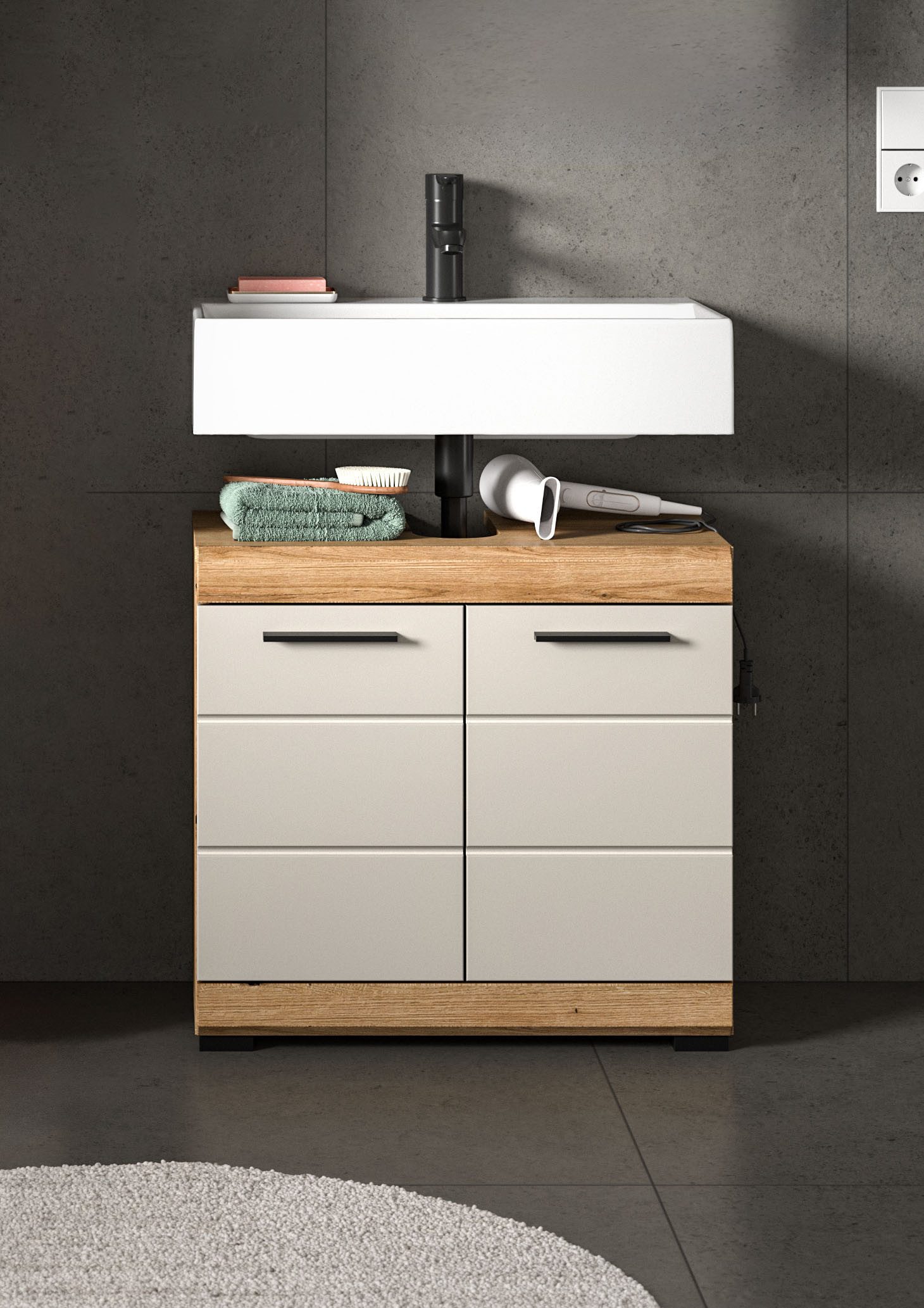 welltime Waschbeckenunterschrank SIENA, Breite 60cm, mit 2 Türen oder 2 Schubkästen, MDF-Front (1-St., TOPSELLER!, mit Siphonausschnitt 10x25 cm) in verschiedenen Farben erhältlich, Badmöbel, Badschrank, Kommode, Bad