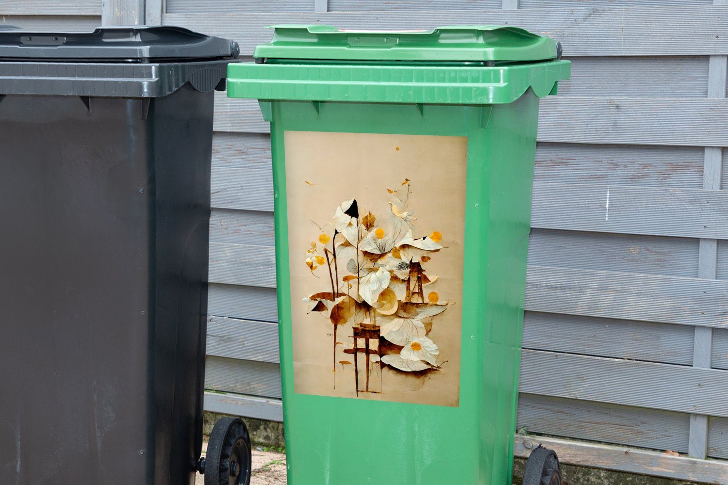 - MuchoWow Weiß Mülleimer-aufkleber, (1 Wandsticker Abfalbehälter - Pflanzen Blumen Container, St), Vintage Mülltonne, Sticker, -