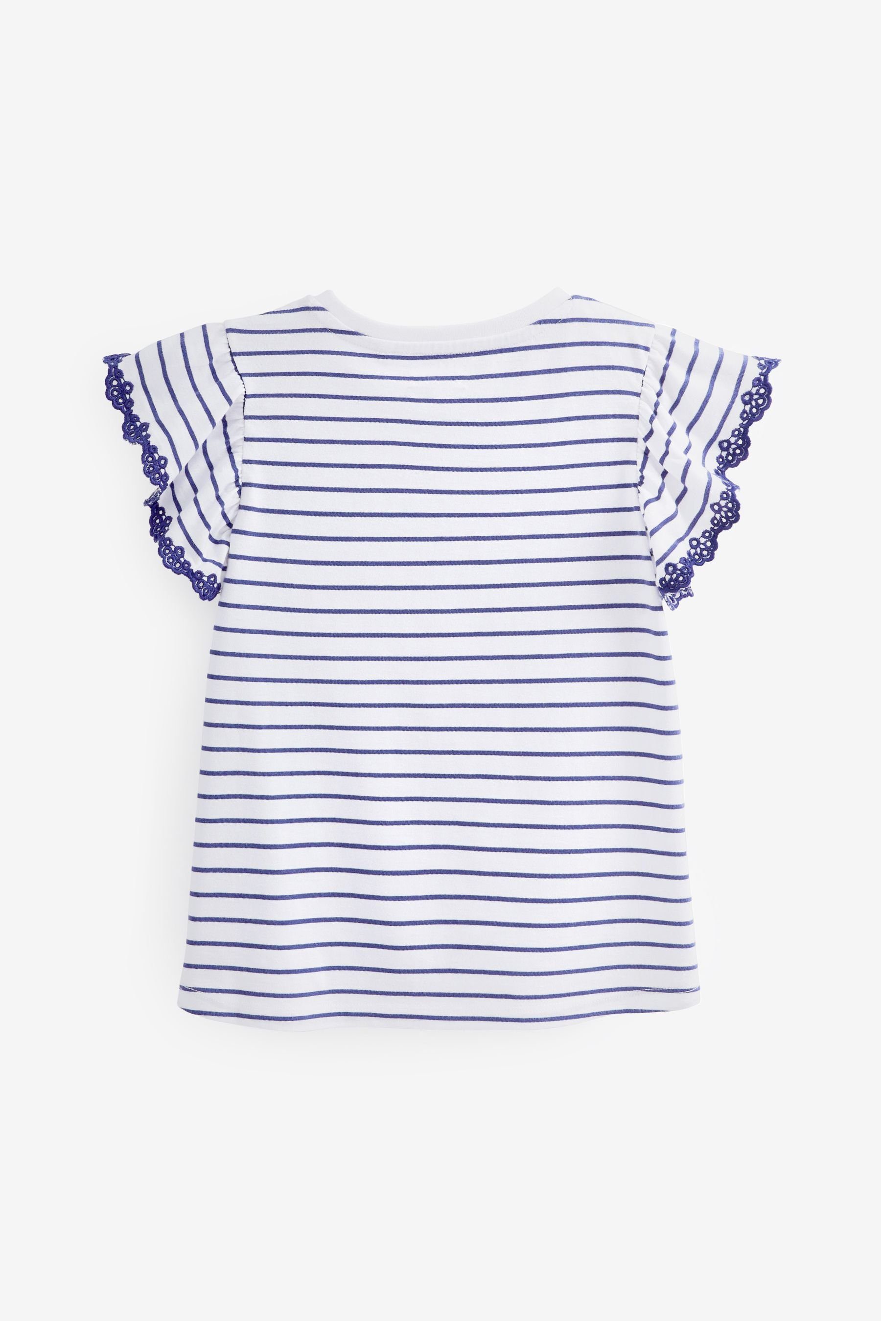 Stripe und Lochstickerei Next T-Shirt White/Blue Rüschenärmeln (1-tlg) mit T-Shirt