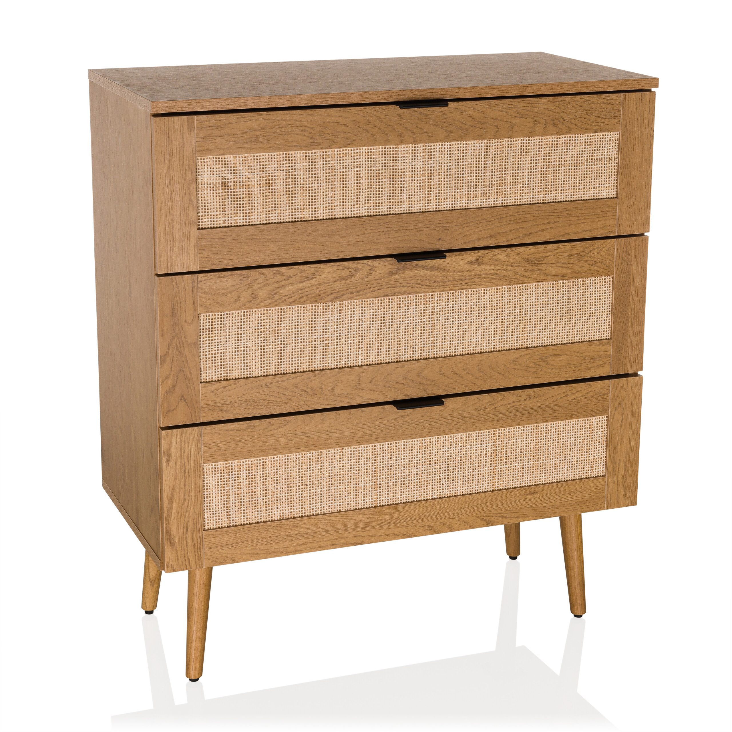 hjh LIVING Kommode BOHEO K Sideboard H/B/T: 90.0 x 80.0 x 40.0 cm, Schubladenkommode mit 3 Schubladen, Rattan, Boho-Style