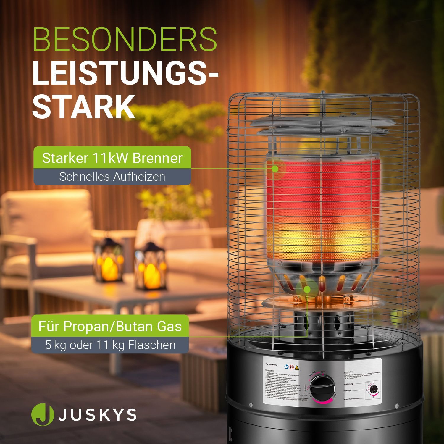 Juskys Heizstrahler Cuna, 11000 W, integrierter Kippschutz, Inkl. Druckminderer, robuste Schutzhülle