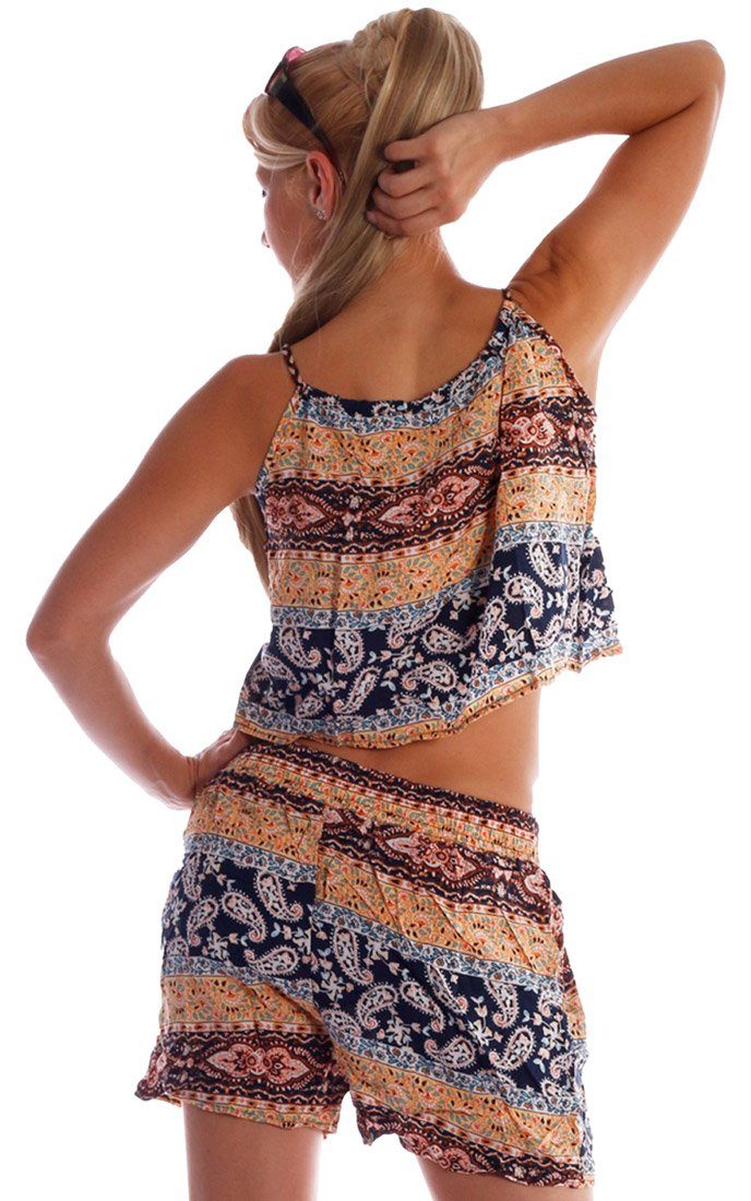 Charis Moda Top & Shorts Sommertop und Short im mediterranen Graphik-Design
