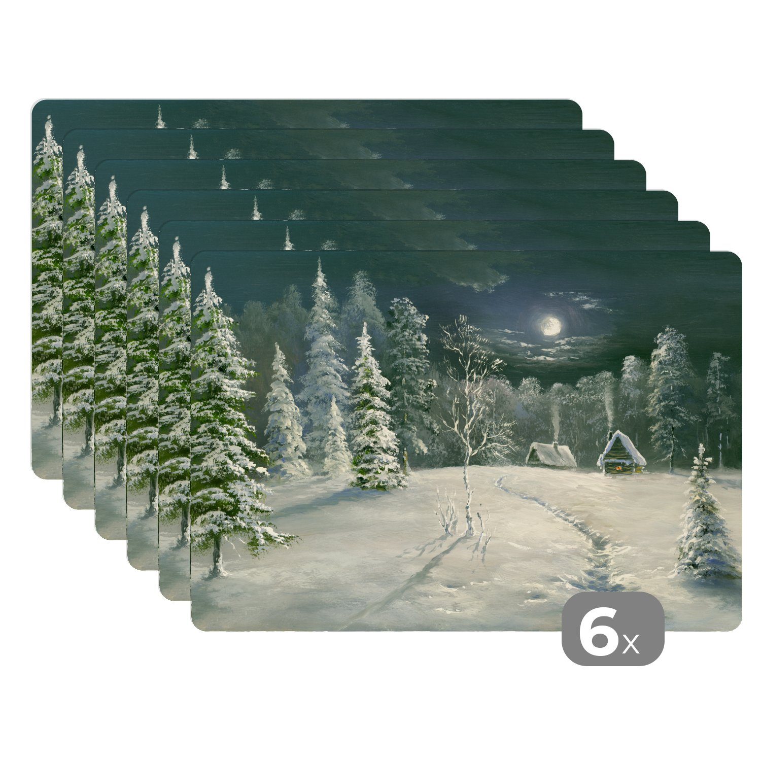 Platzset, Eine Illustration eines verschneiten Waldes, MuchoWow, (6-St), Platzset, Platzdecken, Platzmatte, Tischmatten, Schmutzabweisend