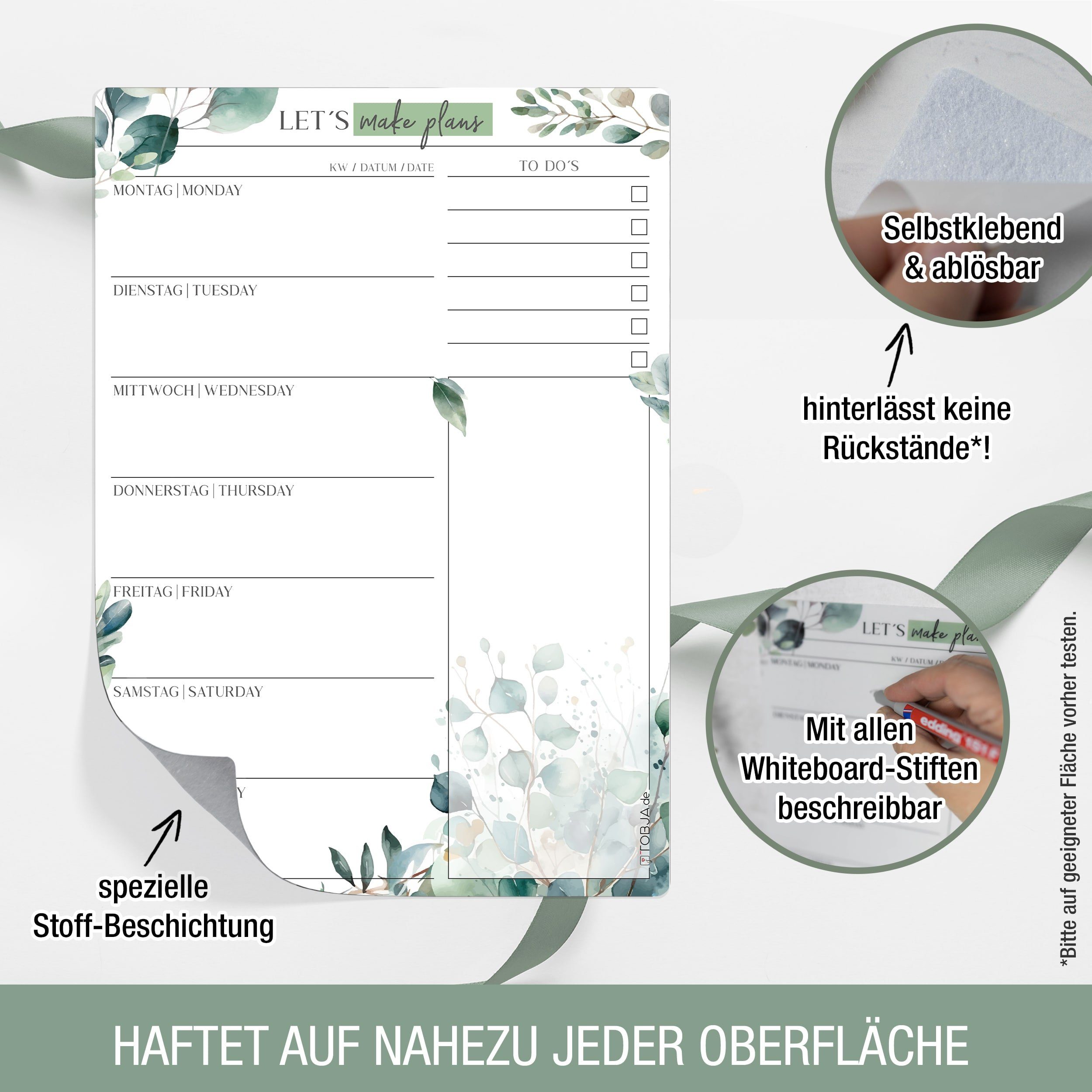 TOBJA Memoboard Essensplaner Woche, abwischbarer Menüplaner, Wochenplaner haftet auf allen Oberflächen, wieder ablösbar, Eukalyptus