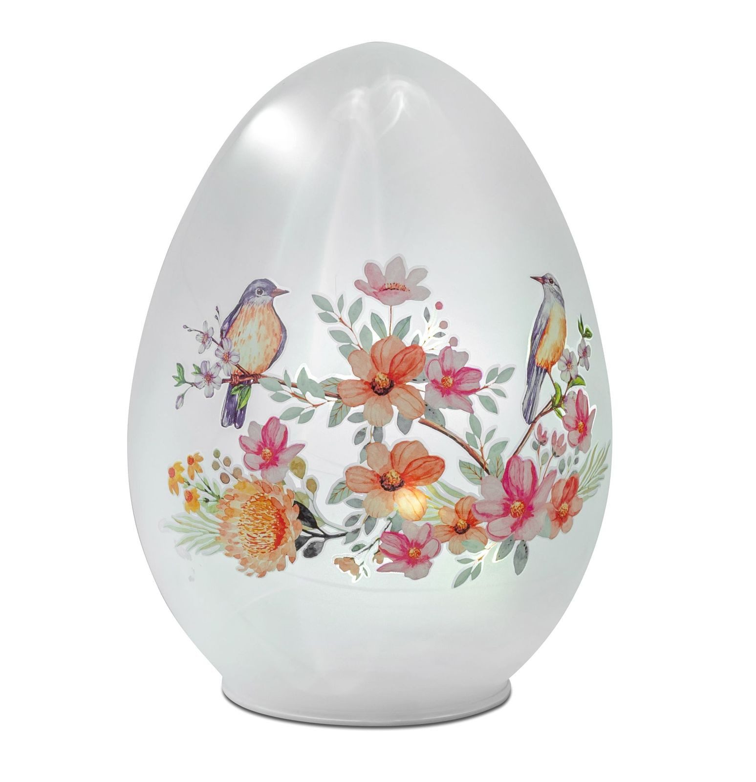 formano LED Dekolicht Deko Ei Glas 20 cm Satiniertes Glas mit buntem Vogel- & Blumenmotiv, LED fest integriert