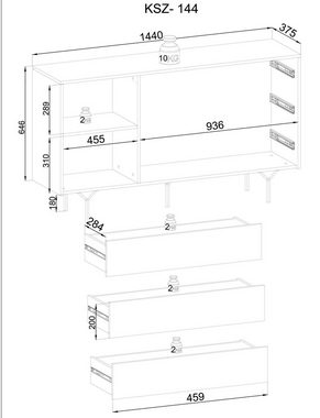 MOEBLO Kommode Venra VS144 (Sideboard Wohnzimmer Kommode Schlafzimmer Komodenschrank Highboard, Einzeltür und Schubladen, 3d gefräste Front, Graphitschwarz Farbe), (BxHxT):144x83x38cm