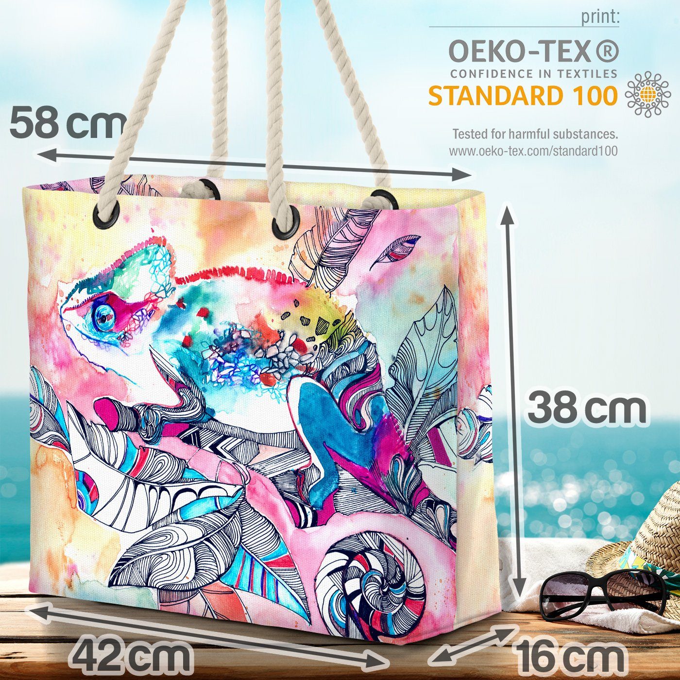 Gekko Dschungel Urwald Natur Strandtasche Grafik Reptilien VOID Chamäleon Palmen (1-tlg), Design