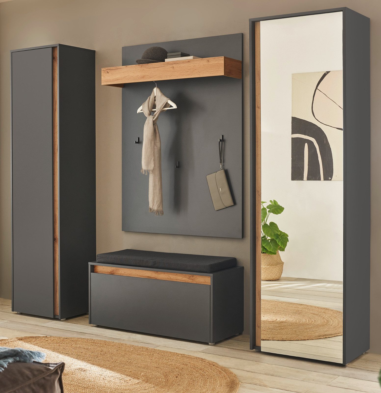 Furn.Design Garderoben-Set Center, (in grau matt und Wotan Eiche, 5-St., 230 x 200 cm), inklusive Sitzkissen