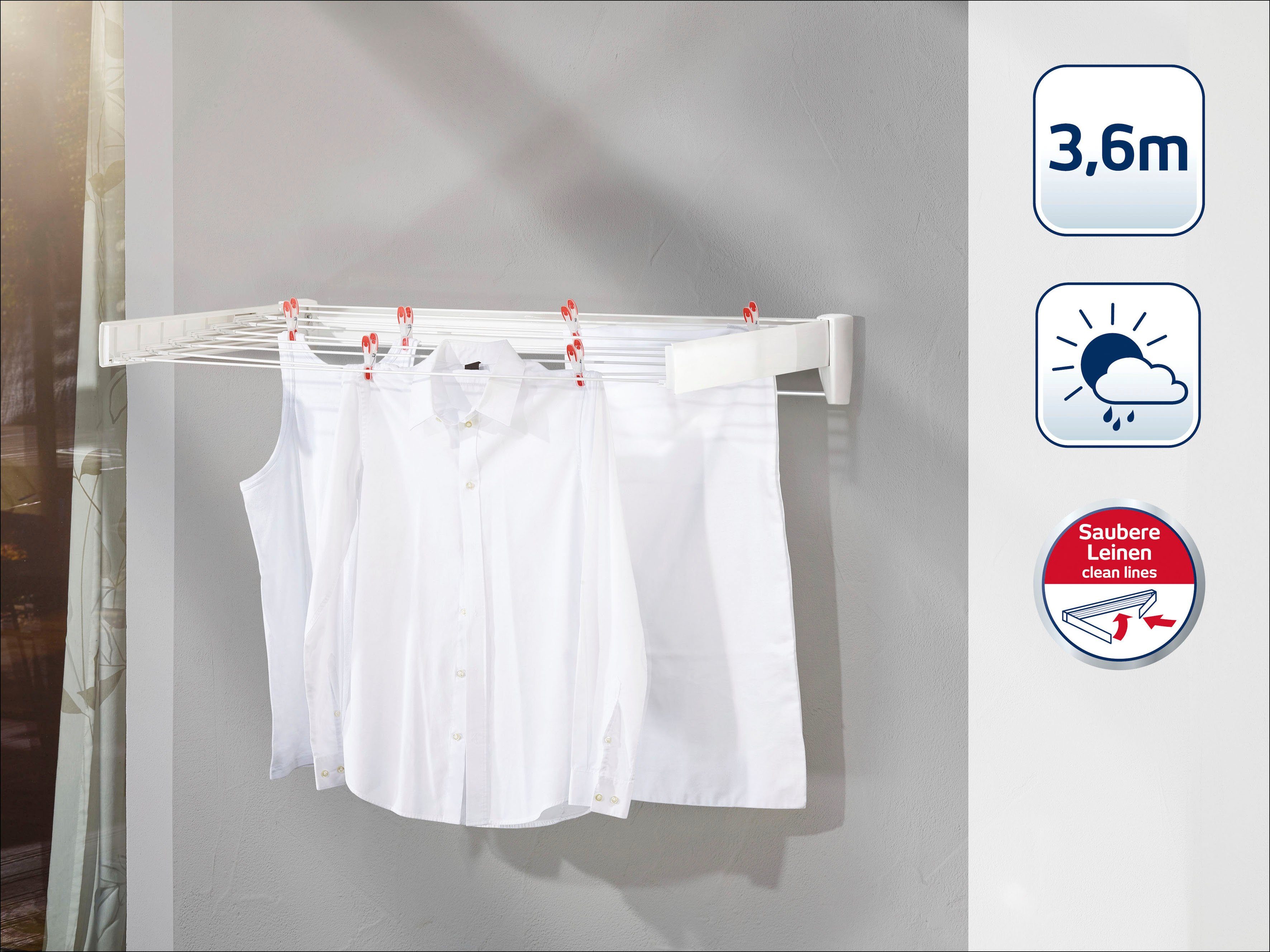 Leifheit Wandwäschetrockner Telegant Plus 36 Protect Plus, Trockenlänge: ca. 3,6 m – Bild 2 von 5