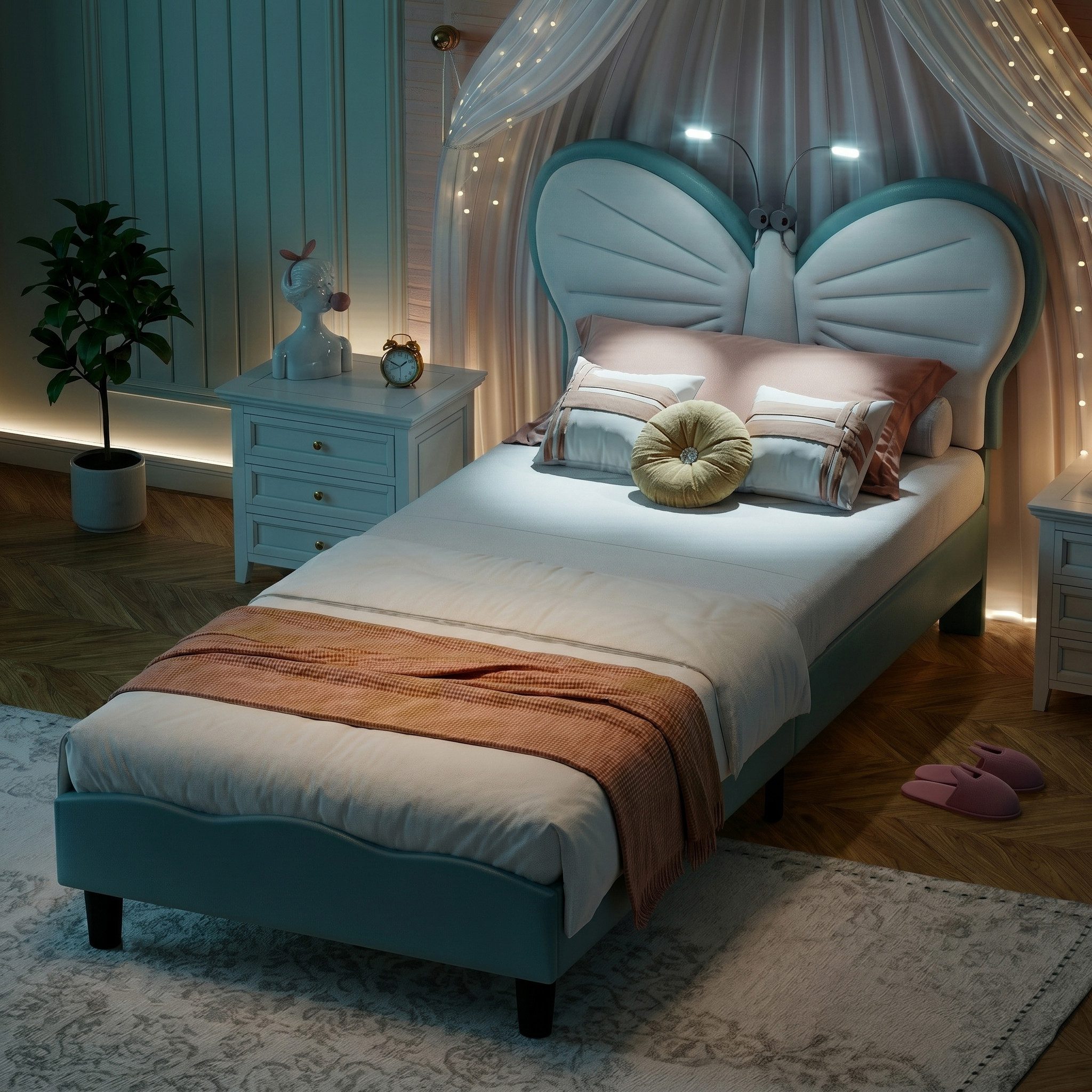 zebery Kinderbett Polsterbett Mit LED-Leseleuchte,Die Höhe des Kopfteils ist verstellbar (Packung, 1-tlg), 90x200 cm,Mit Kopfteil und Bettgestell,Samtstoff,Blau