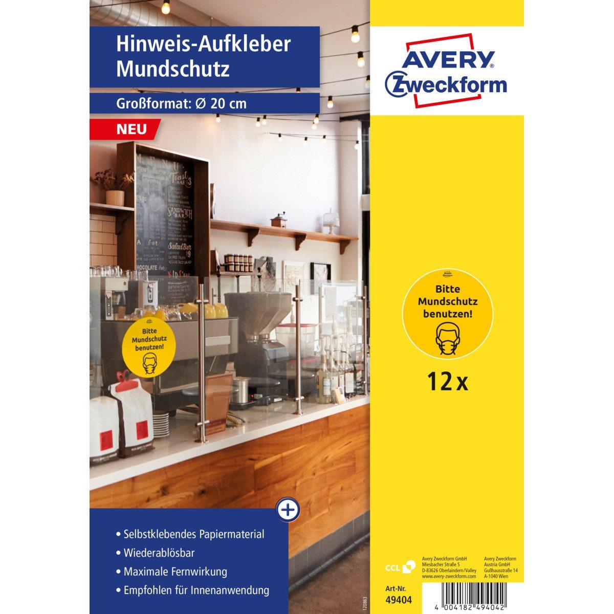 Avery Zweckform Etiketten AVERY Zweckform Hinweis Aufkleber Mundschutz gelb/schwarz Ø200mm 12