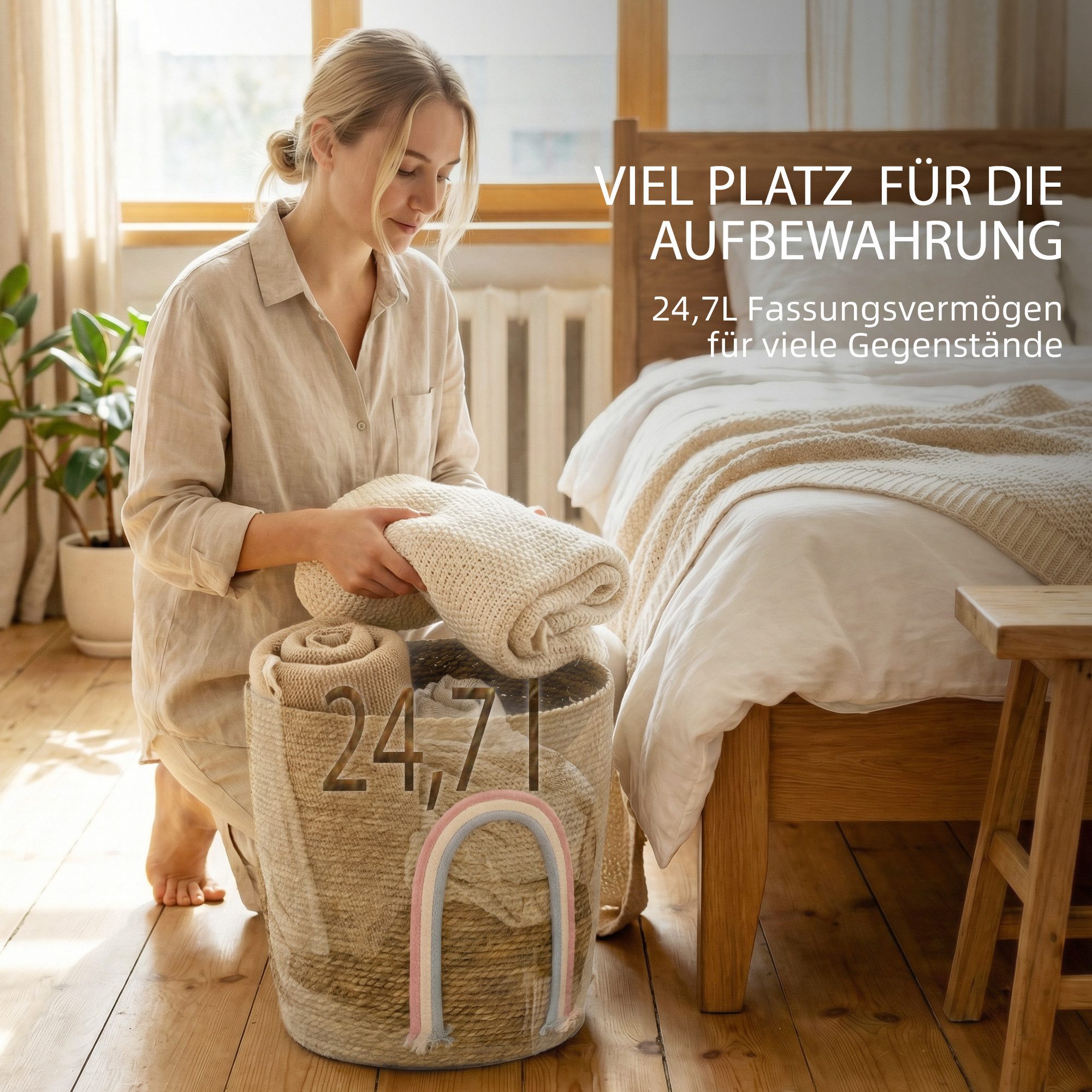 HOMCOM Aufbewahrungskorb Geflochten, Seegras Korb, für Wohnzimmer und Schlafzimmer, Natur (Wäschekorb, 1 St., für Organisieren von Spielzeug und Kleidung), Boho – Bild 4 von 5