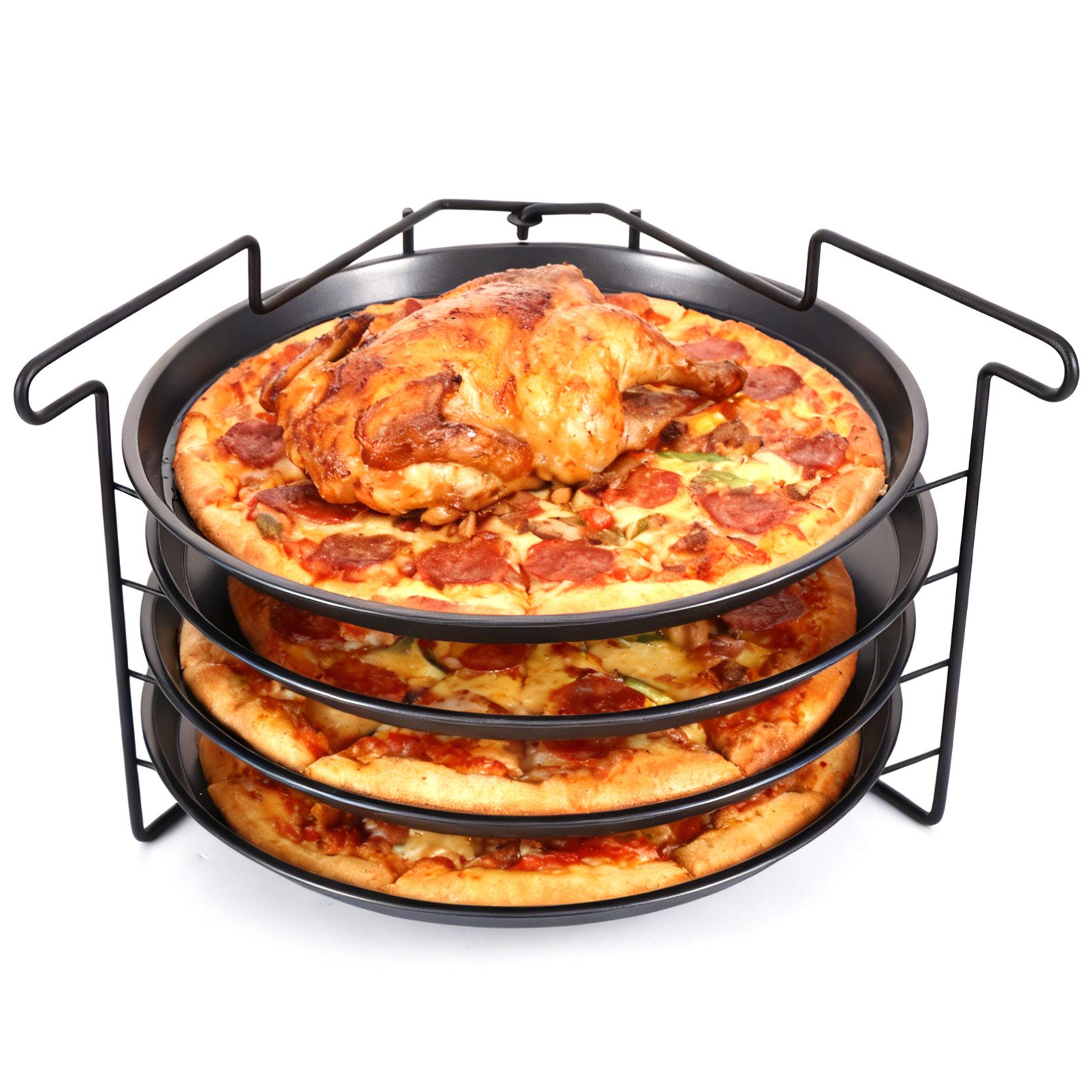 BlingBin Pizzablech Pizzapfannen, Pizza Backset, Pizzabackblech Mit Standhalterung, Kohlenstoffstahl, (4er Set, 4-St., 4 Stück), Pizzagestell für Backofen, 4 Pizzen Gleichzeitig Backen, ø28 cm