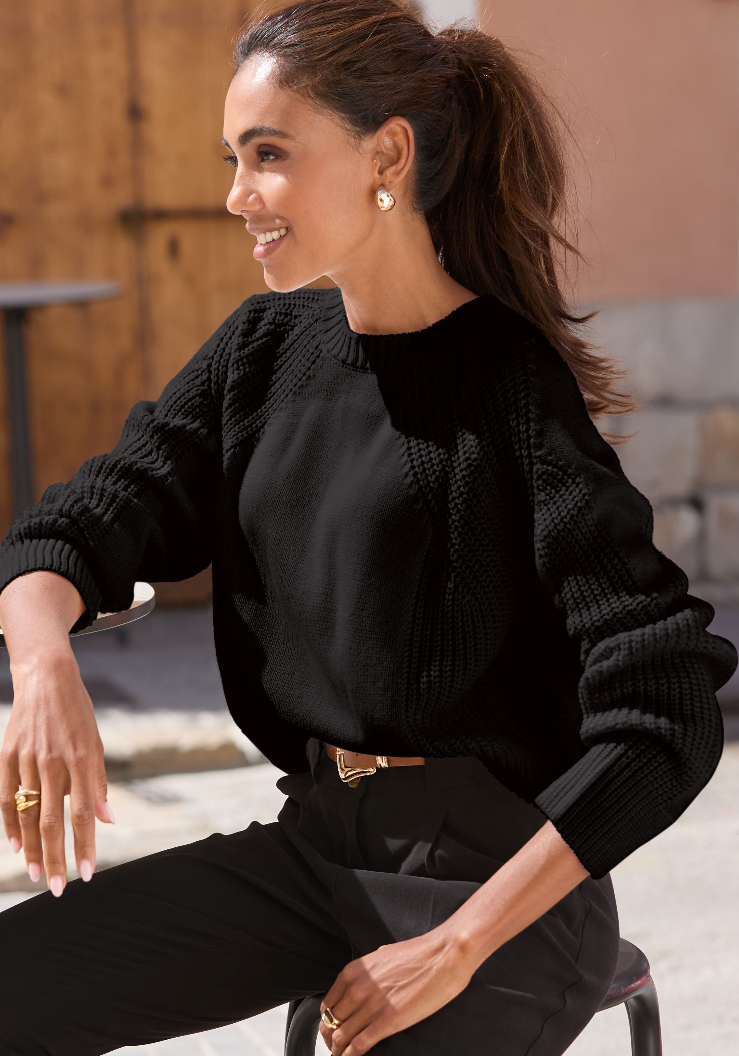 LASCANA Strickpullover, mit Grobstrick-Details, Damen Pullover mit Rundhals günstig online kaufen