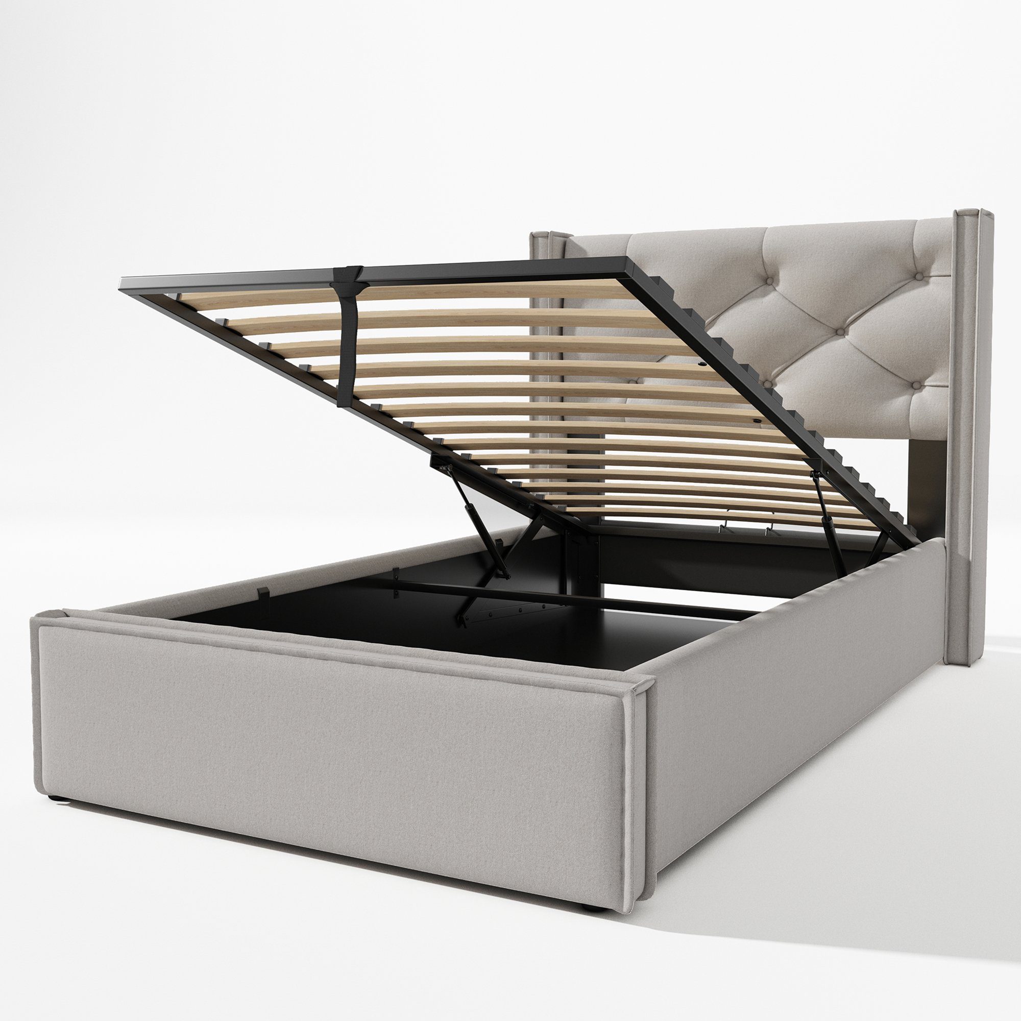 Boxspringbett (Polsterbett Einzelbett 90x200 cm mit edler Knopfheftung und Matratze), Hydraulisches Funktionsbett mit Bettkasten und Lattenrost, Baumwolle