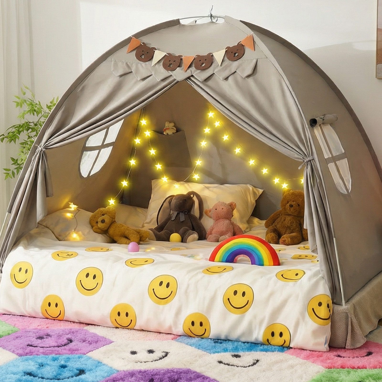 Insma Spielzelt 2 IN 1 Kinder Spielhaus Bettzelt Schlosszelt mit Sternen-Lichterkette und Bären-Wimpelkette, 196×140×132cm