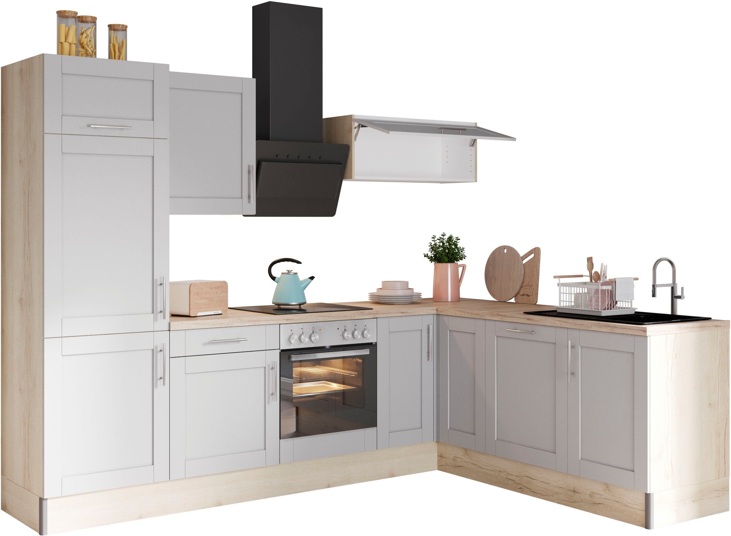 OPTIFIT Küche Ahus, 200 x 270 cm breit, ohne E-Geräte, Soft Close Funktion, MDF Fronten grau