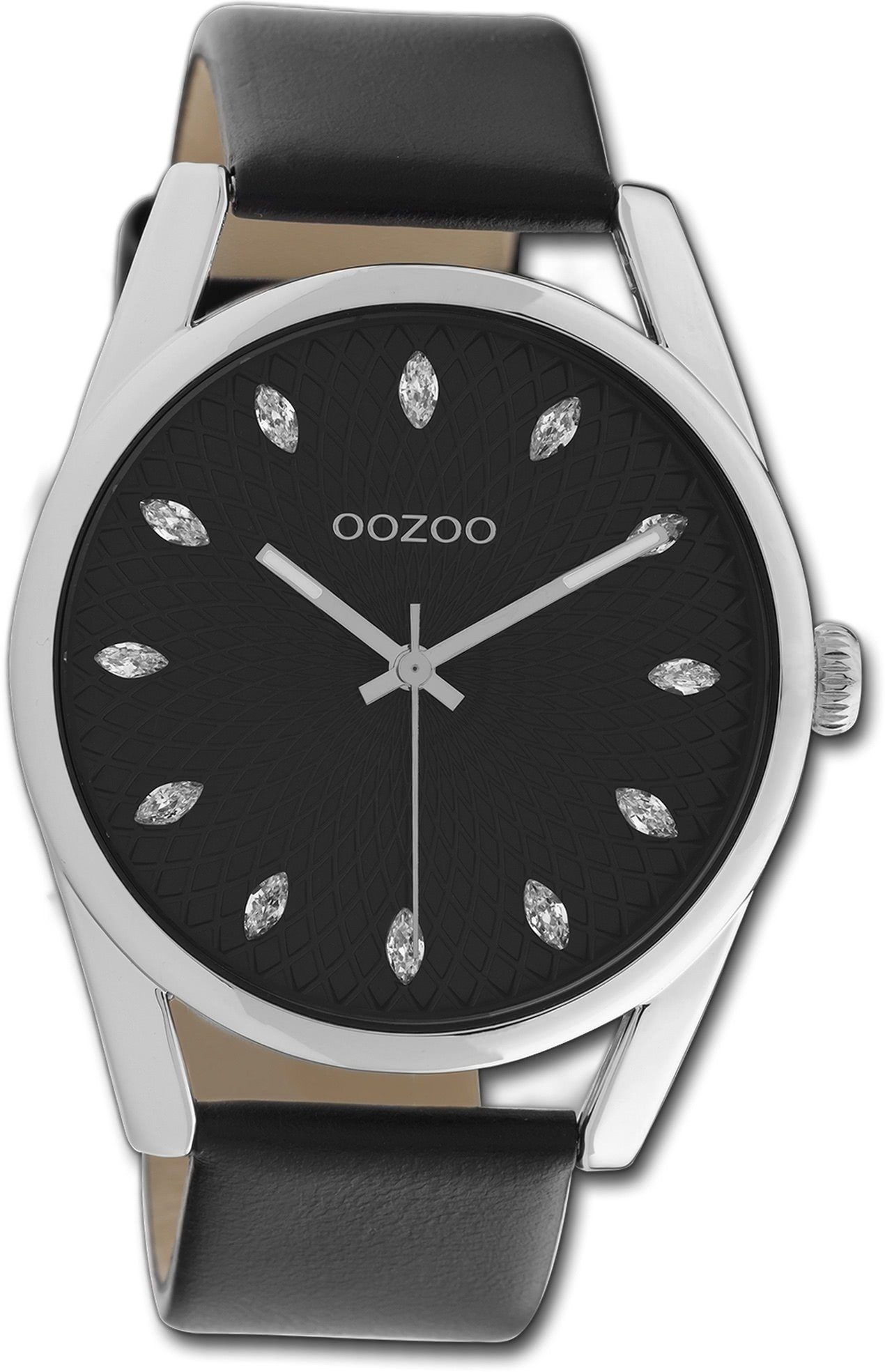 OOZOO Quarzuhr Oozoo Damen Armbanduhr Timepieces, Damenuhr Lederarmband schwarz, rundes Gehäuse, groß (ca. 45mm)