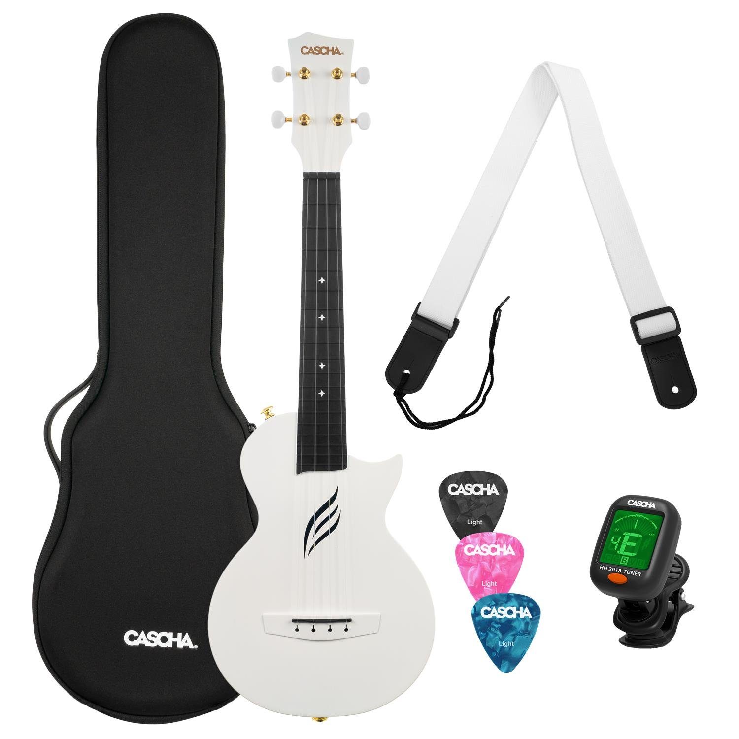 Cascha Ukulele HH2286 Kohlefaser Ukulele Set weiss, Set, komplett mit Tasche, Stimmgerät und Plektren