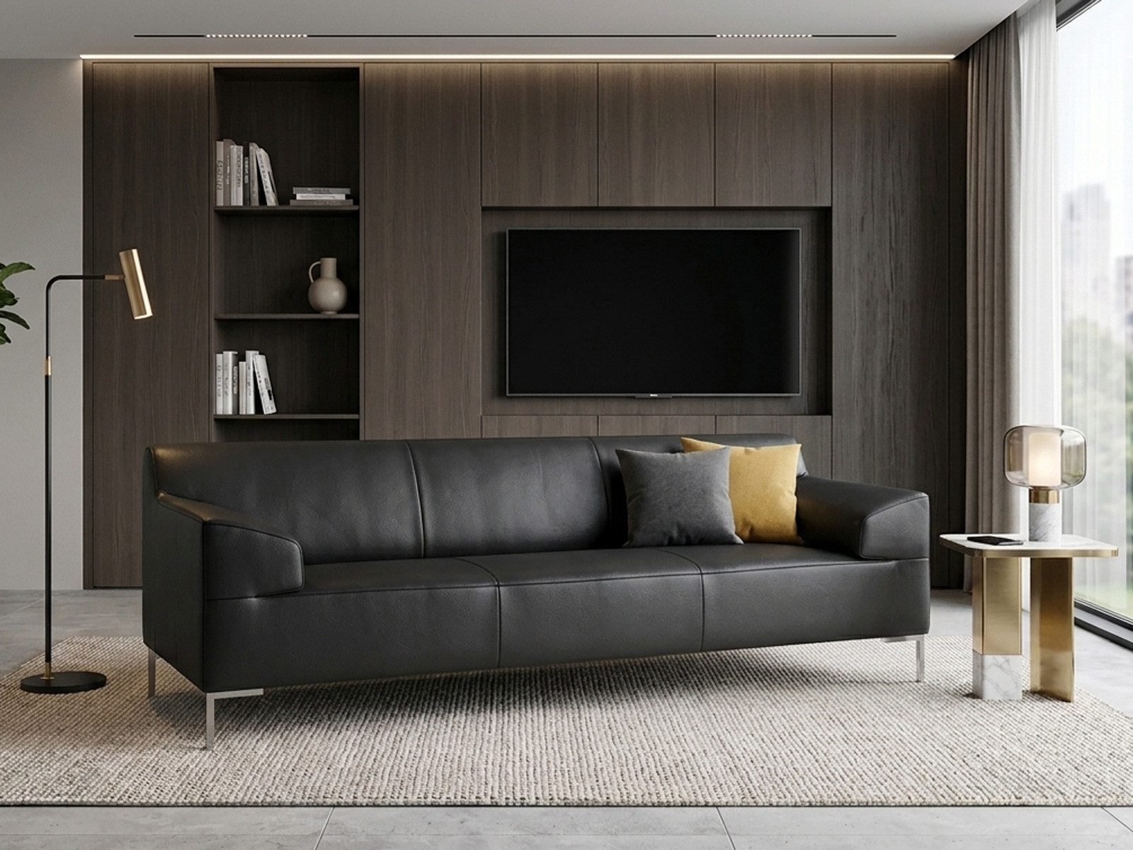 freistil ROLF BENZ Sofa ROLF BENZ Sofa Freistil 180 Couch Leder schwarz 220 cm Fuß Glanzchrom