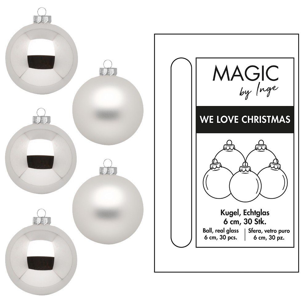 INGE-GLAS® Christbaumschmuck Inge's Glas-Weihnachtskugeln 30 Stück 6 cm Silber, Baumschmuck, Weihnachtsdekoration