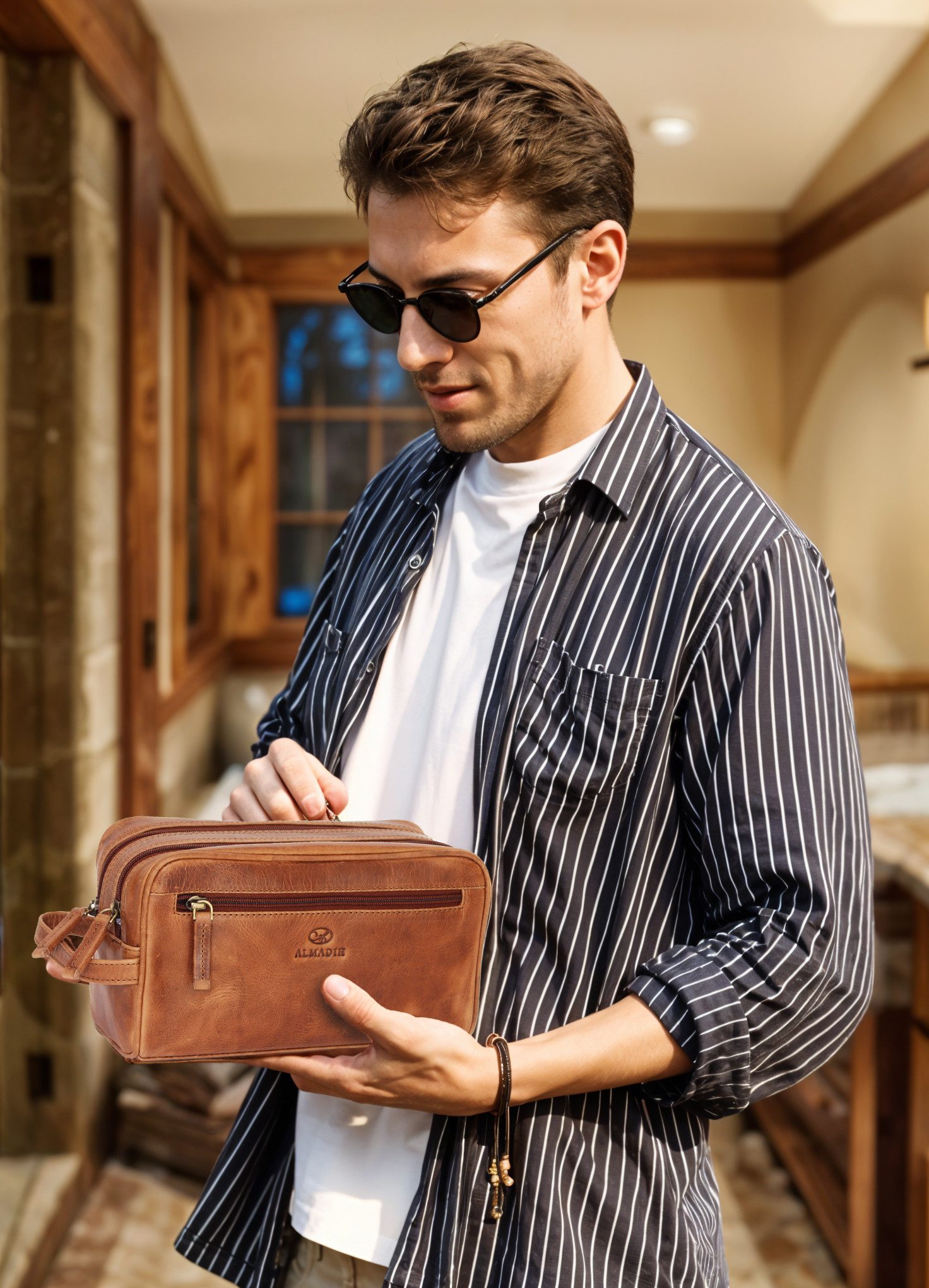 ALMADIH Kulturbeutel Leder Kulturtasche groß für Damen und Herren Kosmetiktasche Braun