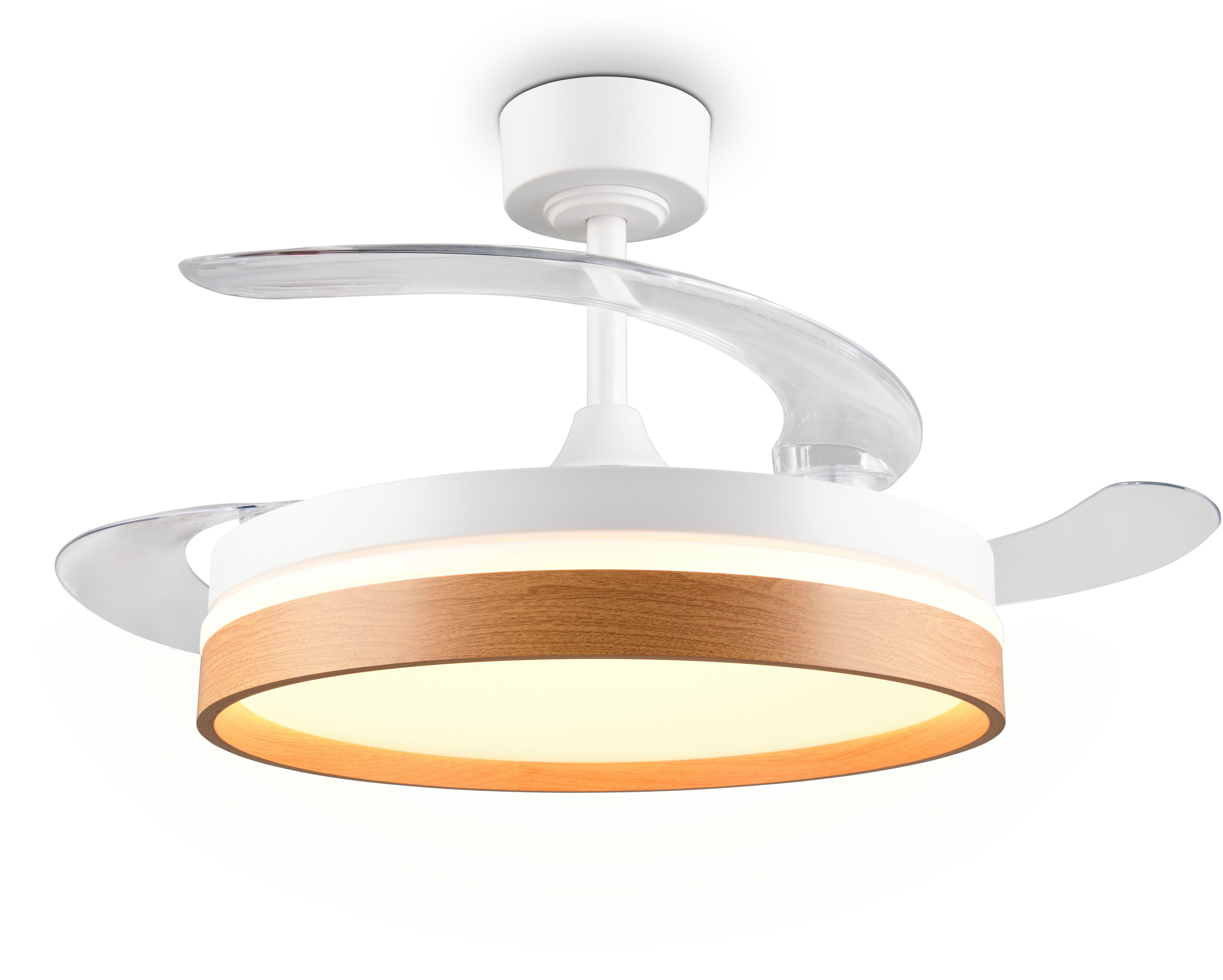 Reality Leuchten LED Deckenleuchte VOLDA mit Ventilator, Deckenventilator mit ausklappbaren Flügeln 30W, CCT - über Fernbedienung, Dimmfunktion, Memoryfunktion, Nachtlichtfunktion, Timerfunktion, Ventilatorfunktion, getrennt schaltbar, LED fest integriert, Farbwechsler, warmweiß - kaltweiß, Ø 49-106 cm (aufgeklappt), 6 Stufen, LED 30W CCT dimmbar Timer Fernb.