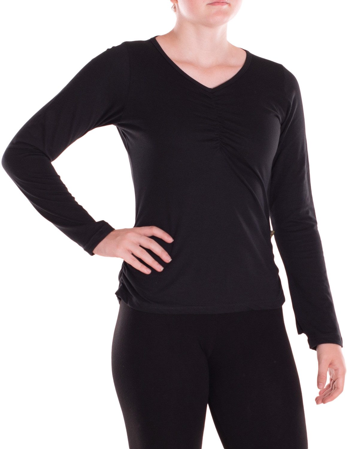 Langarmshirt Damen Gerafft V-Ausschnitt Baumwoll-Jersey