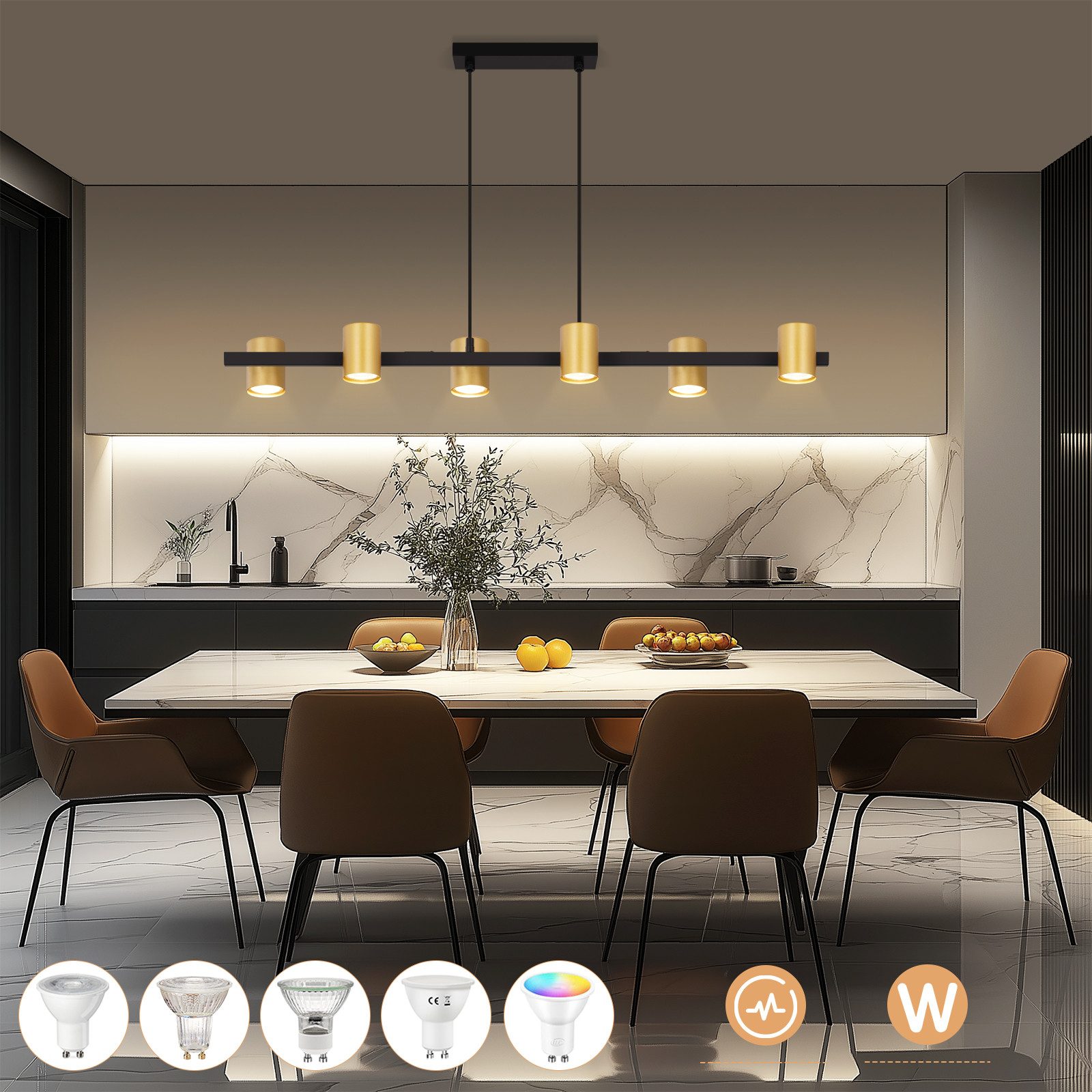 ZMH Pendelleuchte Esszimmer 6 Flammig Schwarz Gold GU10 Industrial Hängeleuchte, Glaskugel Hochwertige Design, ohne Leuchtmittel – Bild 4 von 5