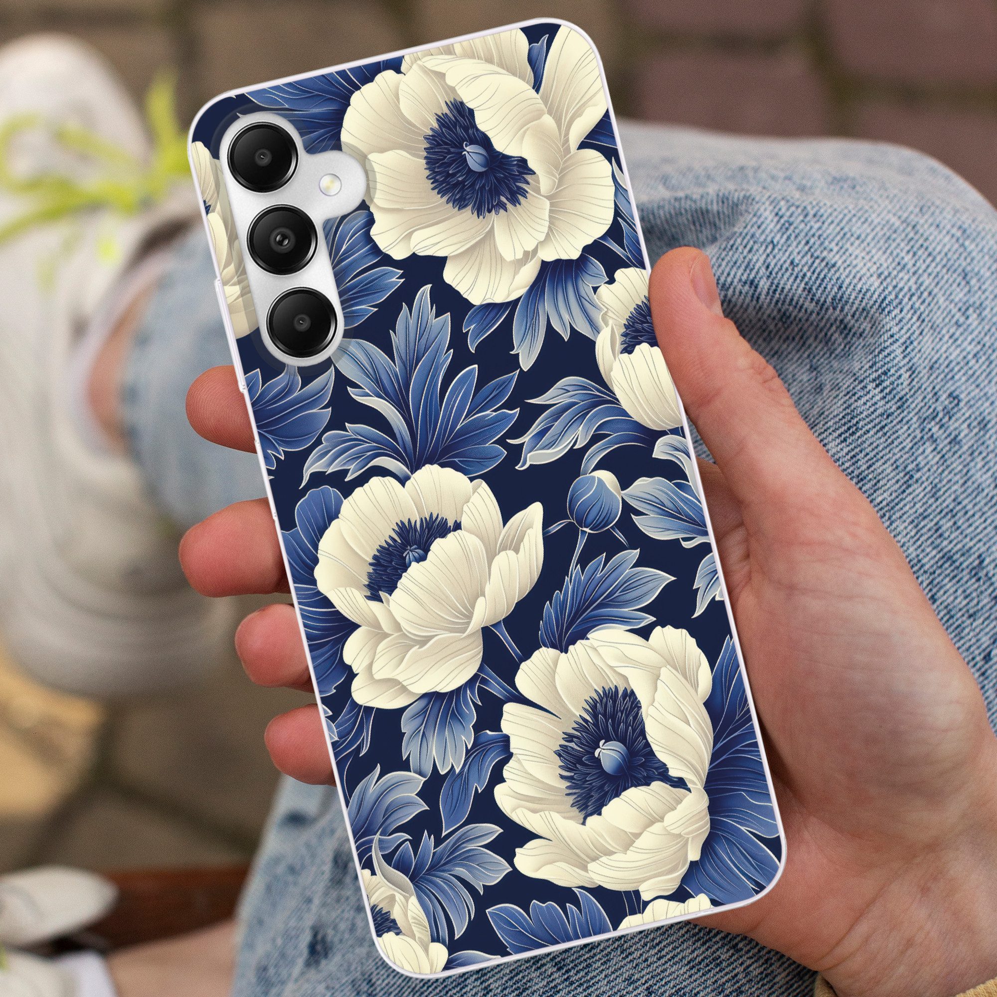 MuchoWow Handyhülle für Samsung Galaxy A05s Blumen - Muster - Blau - Weiß, Smartphone-Bumper, Print, Handy Schutzhülle Dünn