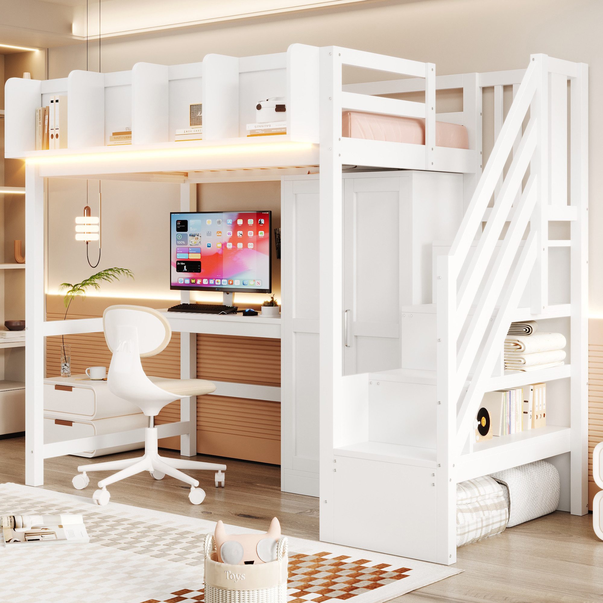 Flieks Hochbett Kinderbett 90x200cm mit Schreibtisch Kleiderschrank Stauraumtreppe