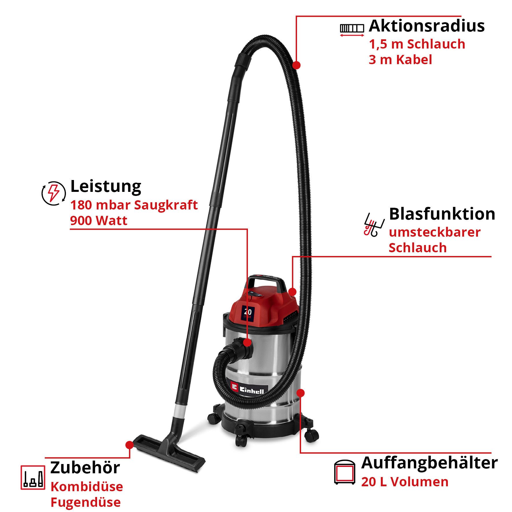 Einhell Nass-Trocken-Sauger TC-VC 2045 S, 900 W
