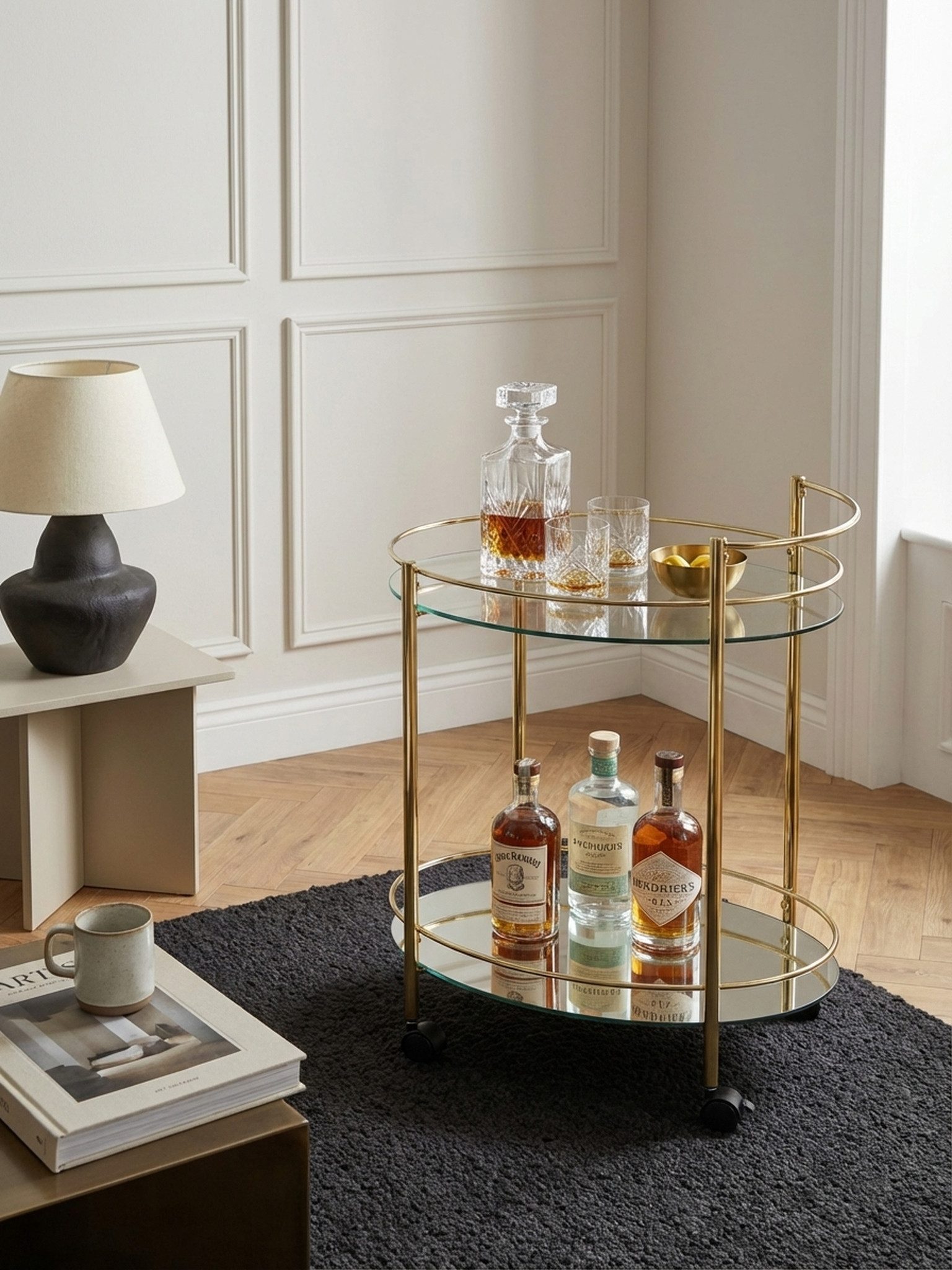 KADIMA DESIGN Servierwagen Design Servierwagen Gold 67x79 cm Mobile Mini Bar, Beistelltisch auf, (Milchglas), Rollen, Speisewagen mit Glasplatte Weiß, Küchenwag – Bild 3 von 5