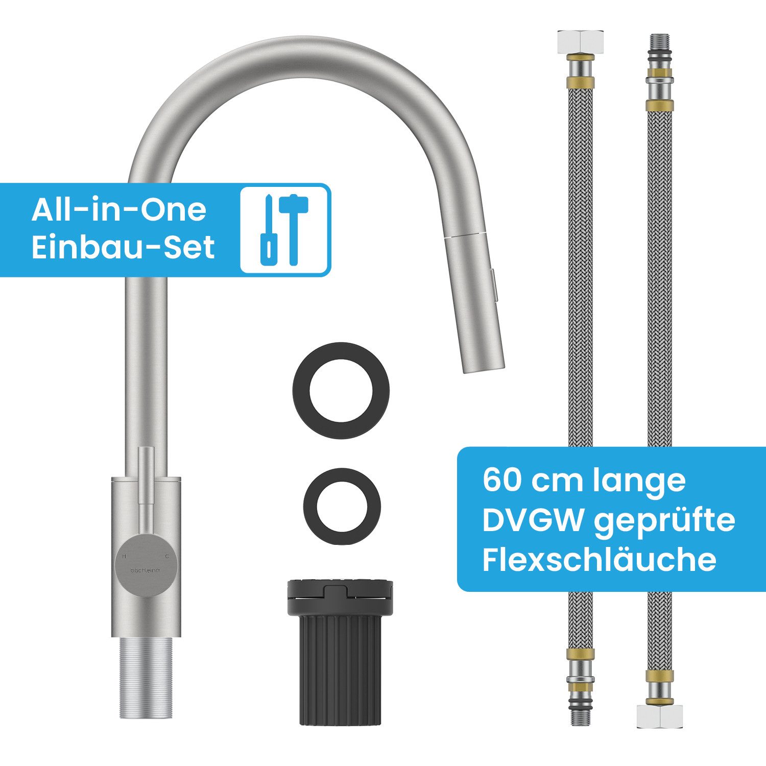 Bächlein Spültischarmatur Elegante Küchenarmatur Kocuso (Edelstahl gebürstet) hochwertige Designarmatur mit ausziehbarem Flexschlauch – Bild 5 von 5