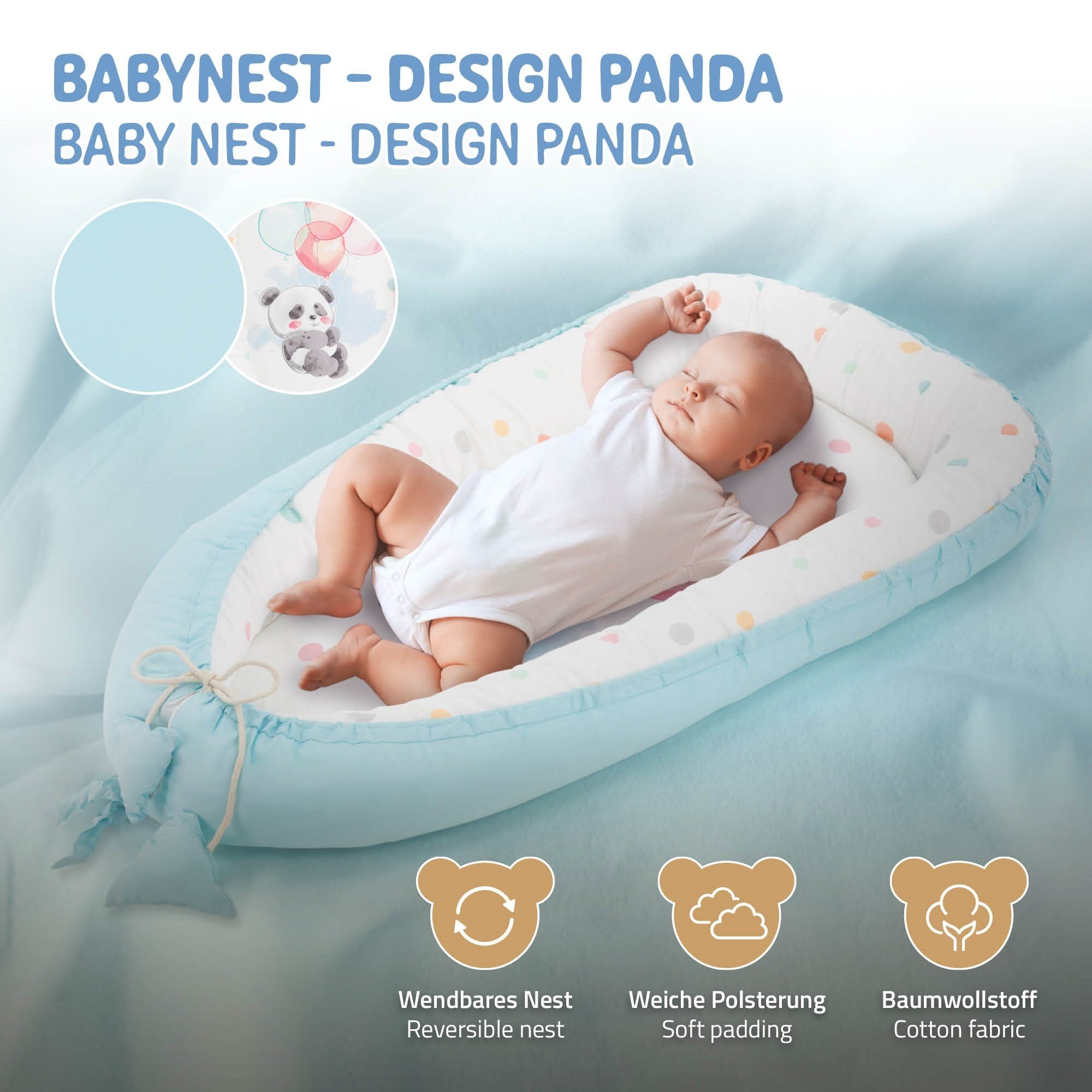 Joyz Panda zweiseitig KokonBaby Nest 1-tlg., Hellblau tragbar 90x50cm Baumwolle Babybett Babynestchen antiallergisch Neugeborene, Multifunktionale Babybett