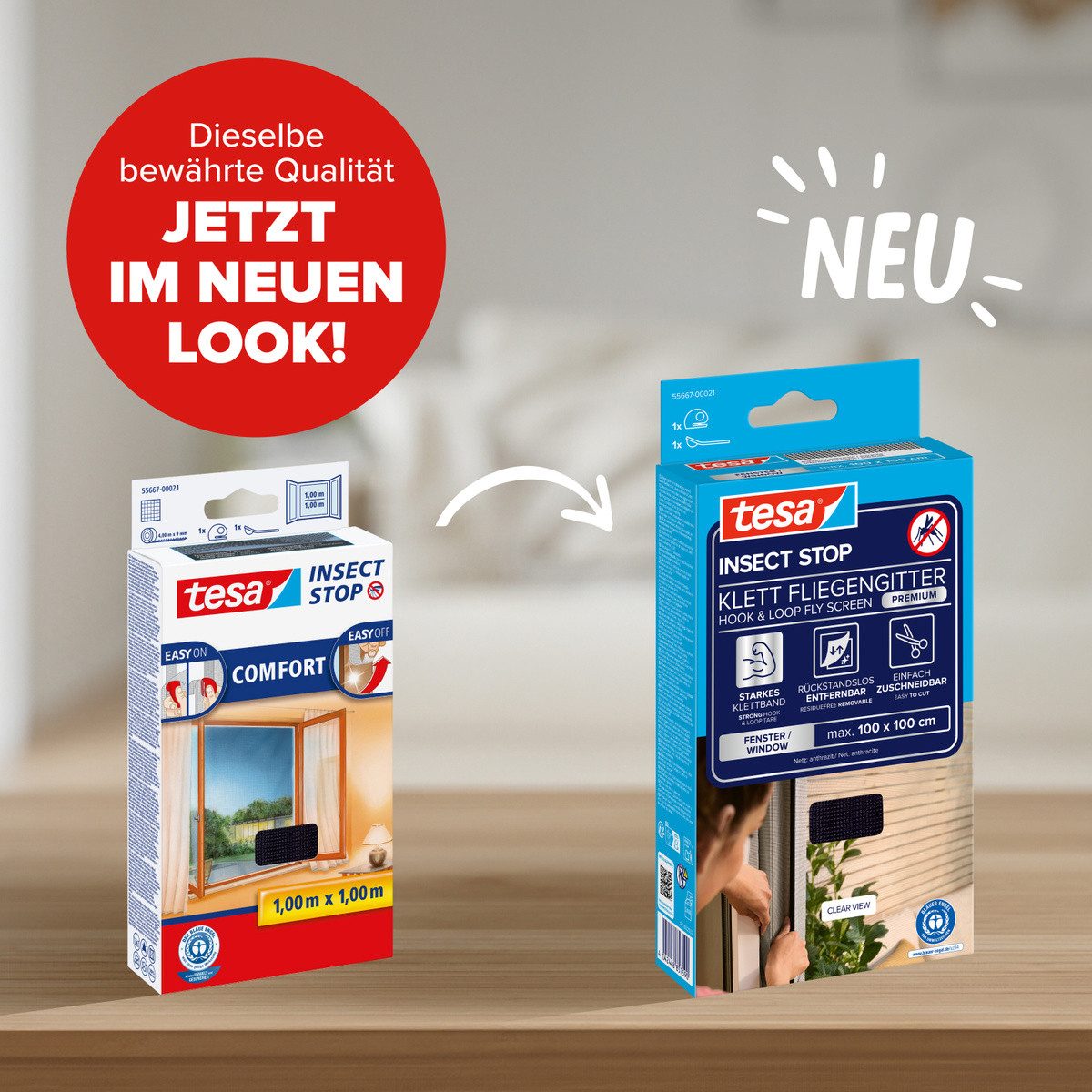 tesa Fliegengitter-Gewebe Klett Fliegengitter Premium für Fenster, Insektenschutz mit Klettband, (Packung, 1-St., Fliegennetz, Klettband, Andrück und Schneidehilfe), selbstklebende Insektenschutz - 100 cm x 100 cm