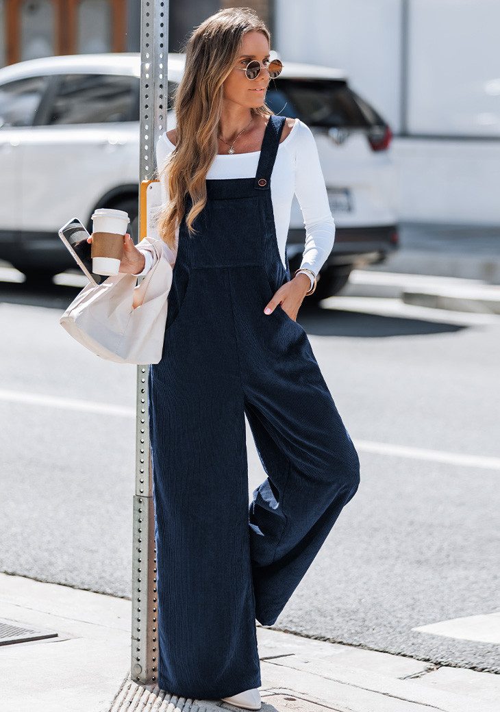 Cupshe Jumpsuit Cord Latzhose mit Weitem Bein und Verstellbaren Traegern