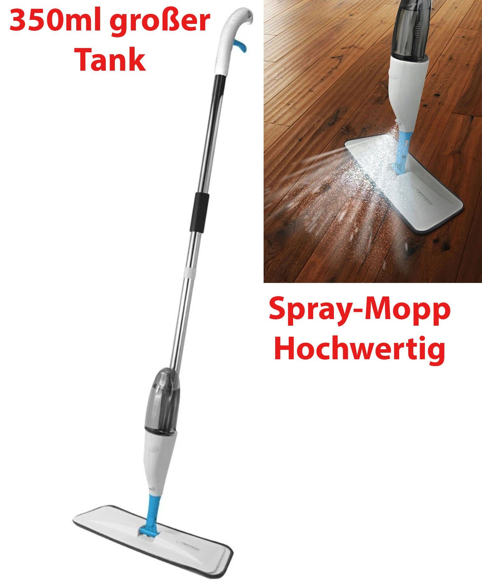 Esperanza Dampfmopp Wischmopp mit Staubauffangbehälter aus Kohlefaser Sprühkopf 350&600ml, Beweglicher Kopf & inkl Reinigungstuch Mikrofaser & Rostfreier Stahl