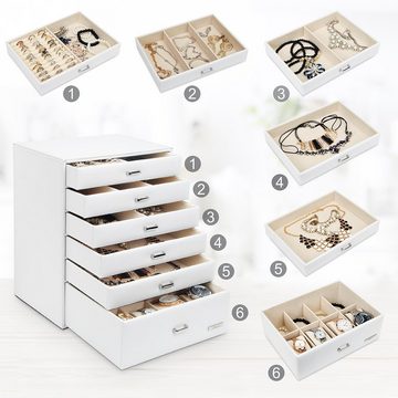 Yorbay Schmuckkasten Schmuckkästchen mit 6 Schubladen in Weiß, Schmuckkasten für Halsketten, Uhren, Ringe, Armbänder, Ohrringe