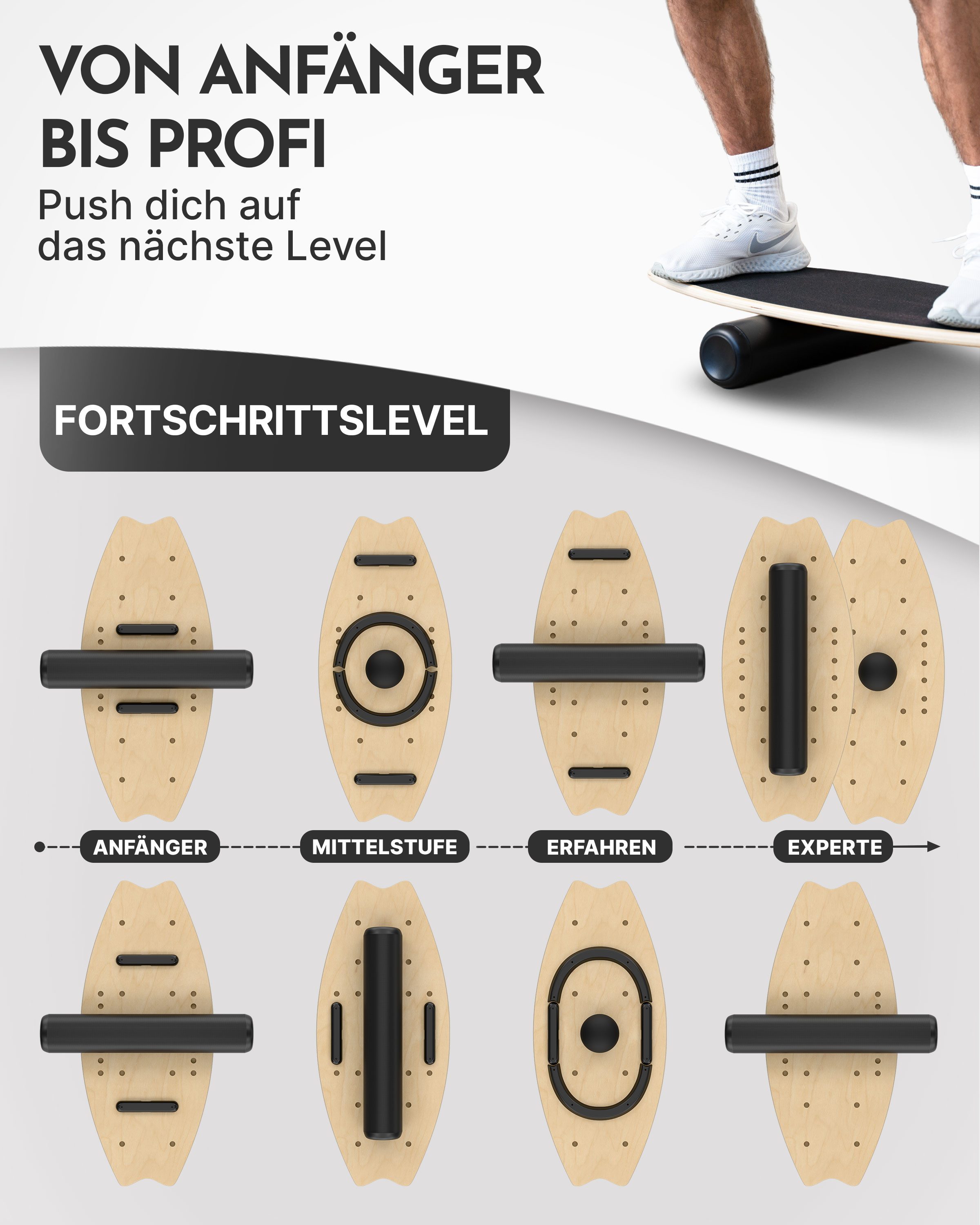 NEOLYMP Balanceboard Balance Board Holz – Gleichgewichtstrainer für Erwachsene & Kinder, Wackelbrett rutschfest & bis 210 kg belastbar – 7 Schwierigkeitsstufen