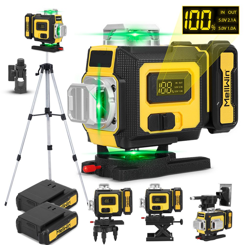 MELLWIN Kreuzlinienlaser 16 Linien Nivellierlaser 4 x 360 ° Laser Wasserwaage mit 2x Batterie, Laserwasserwaage für Innenbau, Fliesen & Holz