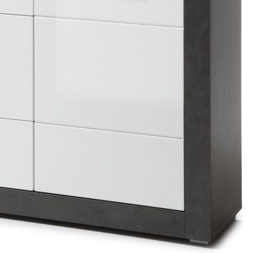 Lomadox Highboard ETON-61, weiß mit Betonoptik dunkel mit LED 100/142/35cm