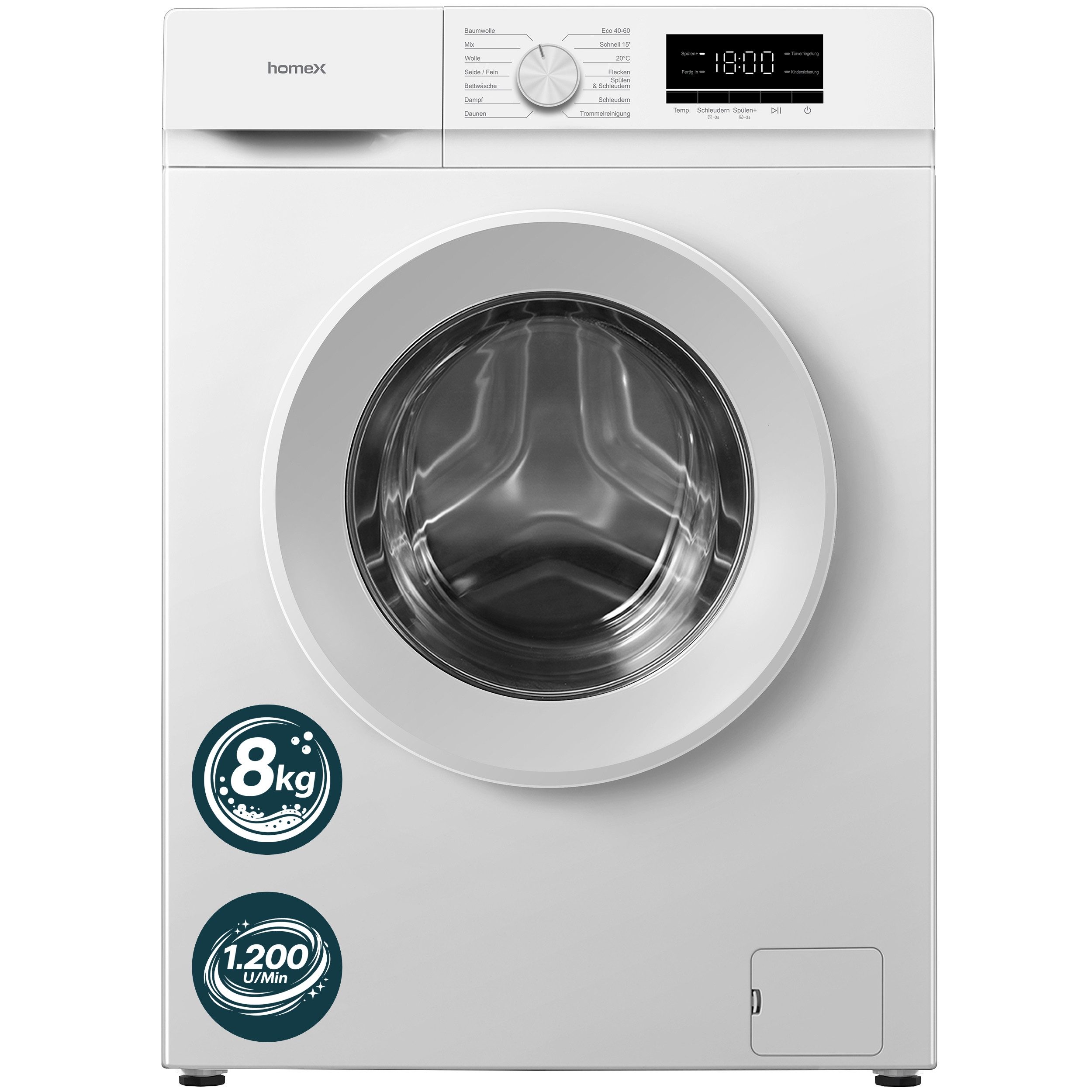 homeX Waschmaschine WF812K1A-W, 8 kg, 1200 U/min, Frontlader, Inverter Motor, AquaStop, 8kg, leise 74 dB, EEK A, weiß