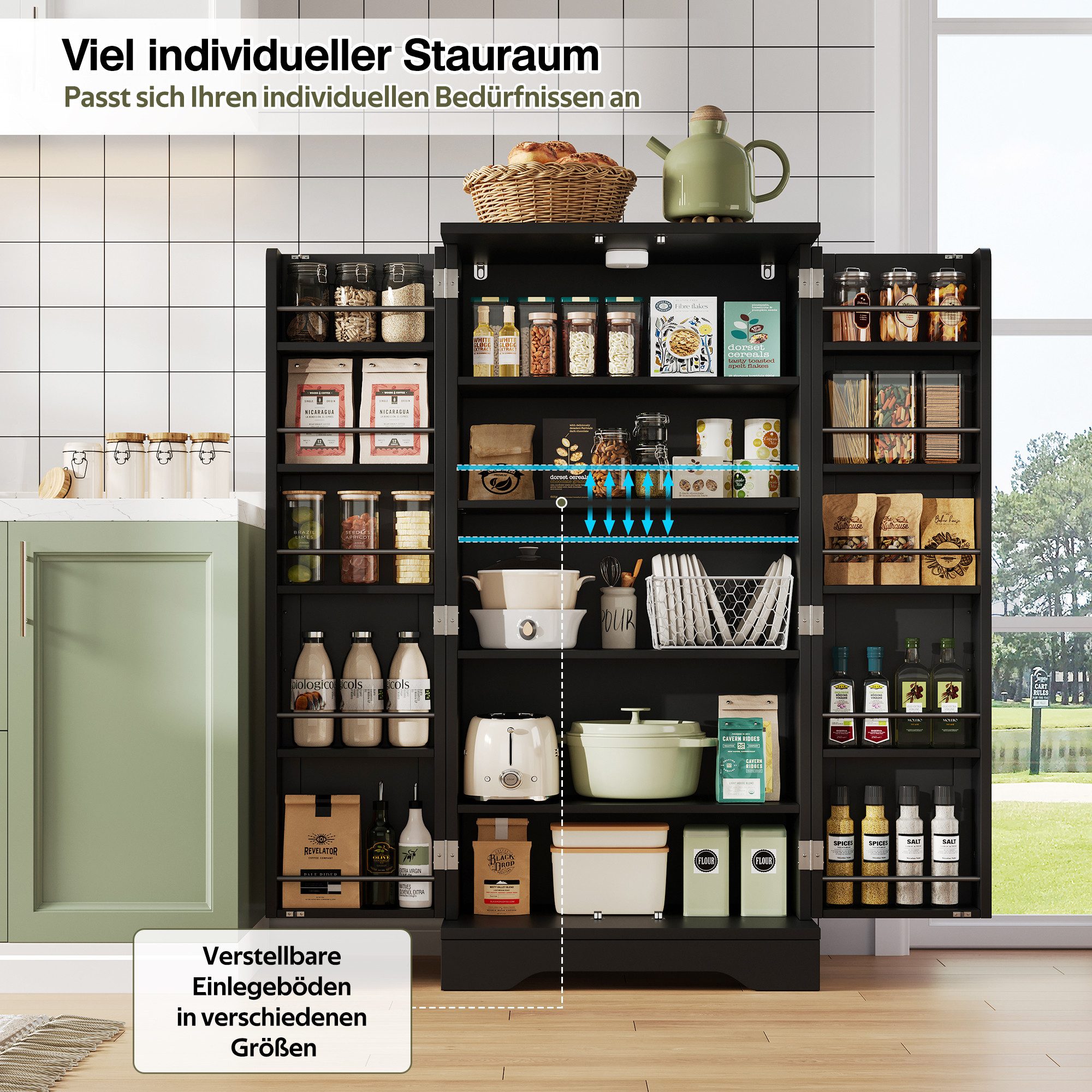 Yorbay Mehrzweckschrank Küchenschrank mit Sensor-LED, 3D-Wellenfront, 120 cm Höhe 2-türig, höhenverstellbar & kippsicher – Bild 4 von 5