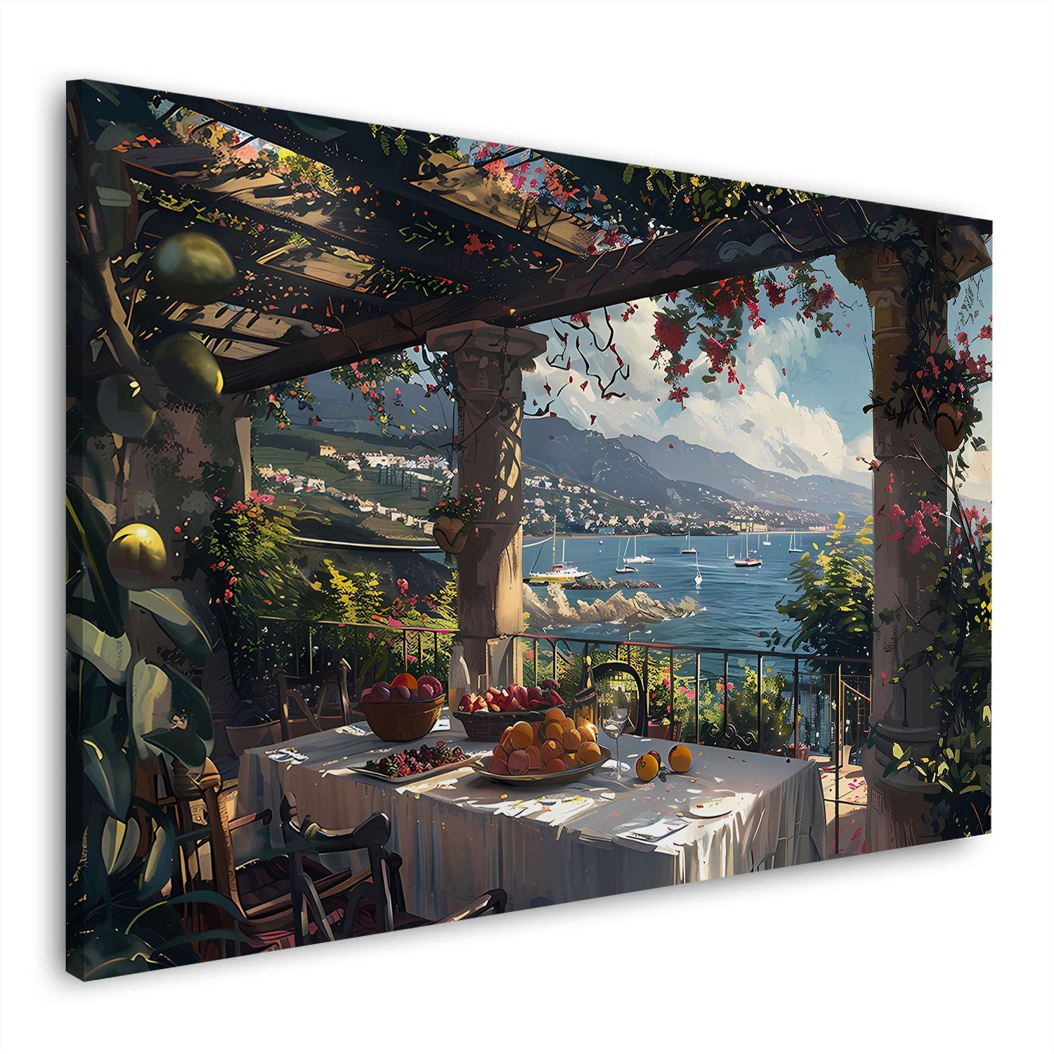 Artedinoi Leinwandbild Italienische Terrasse Meerblick Wandbild Leinwandbild Kunstdruck XL Wa, Italienische Terrasse mit Meerblick