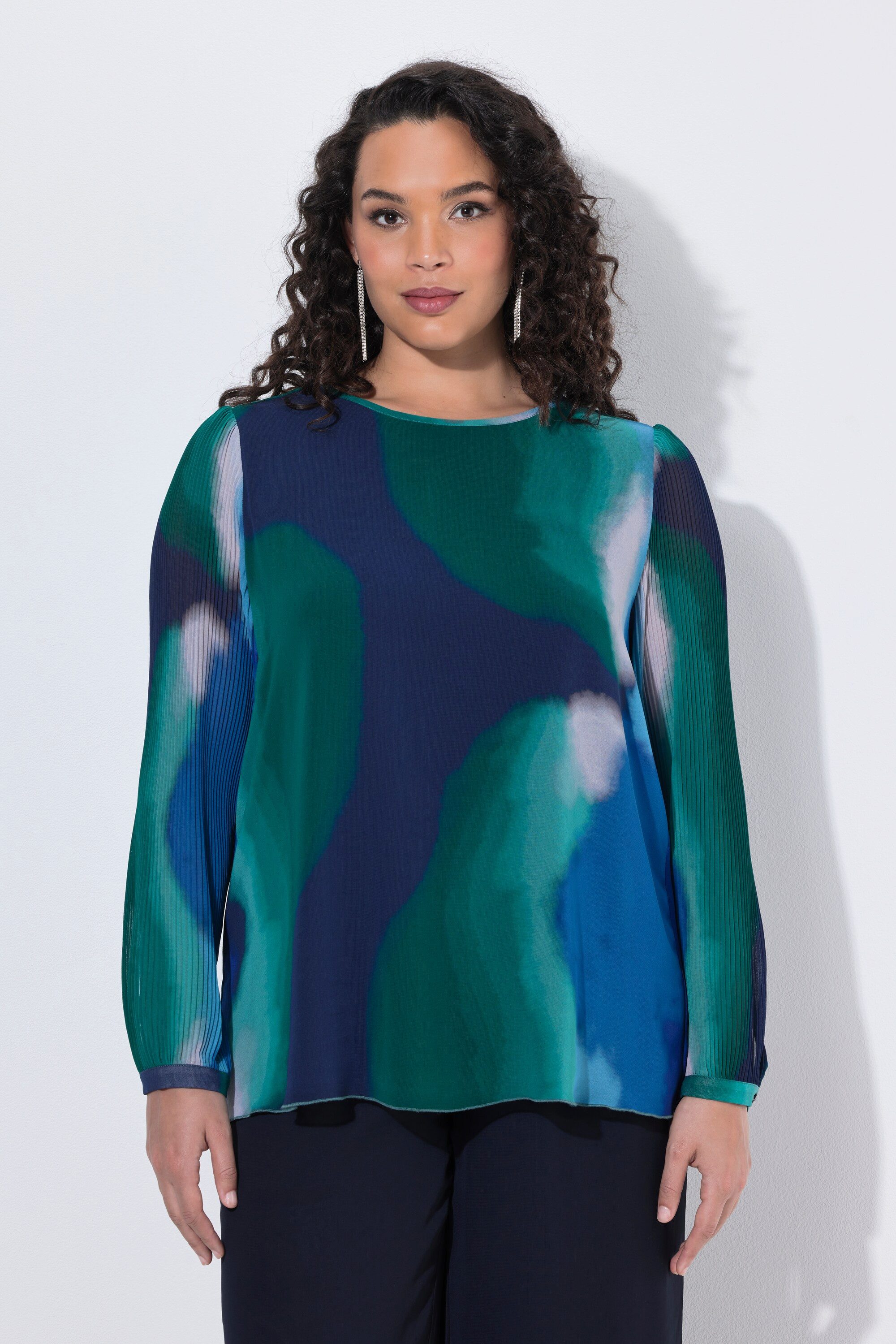 Ulla Popken Plisseebluse Chiffon-Bluse doppellagig Rundhals Plissee-Langarm