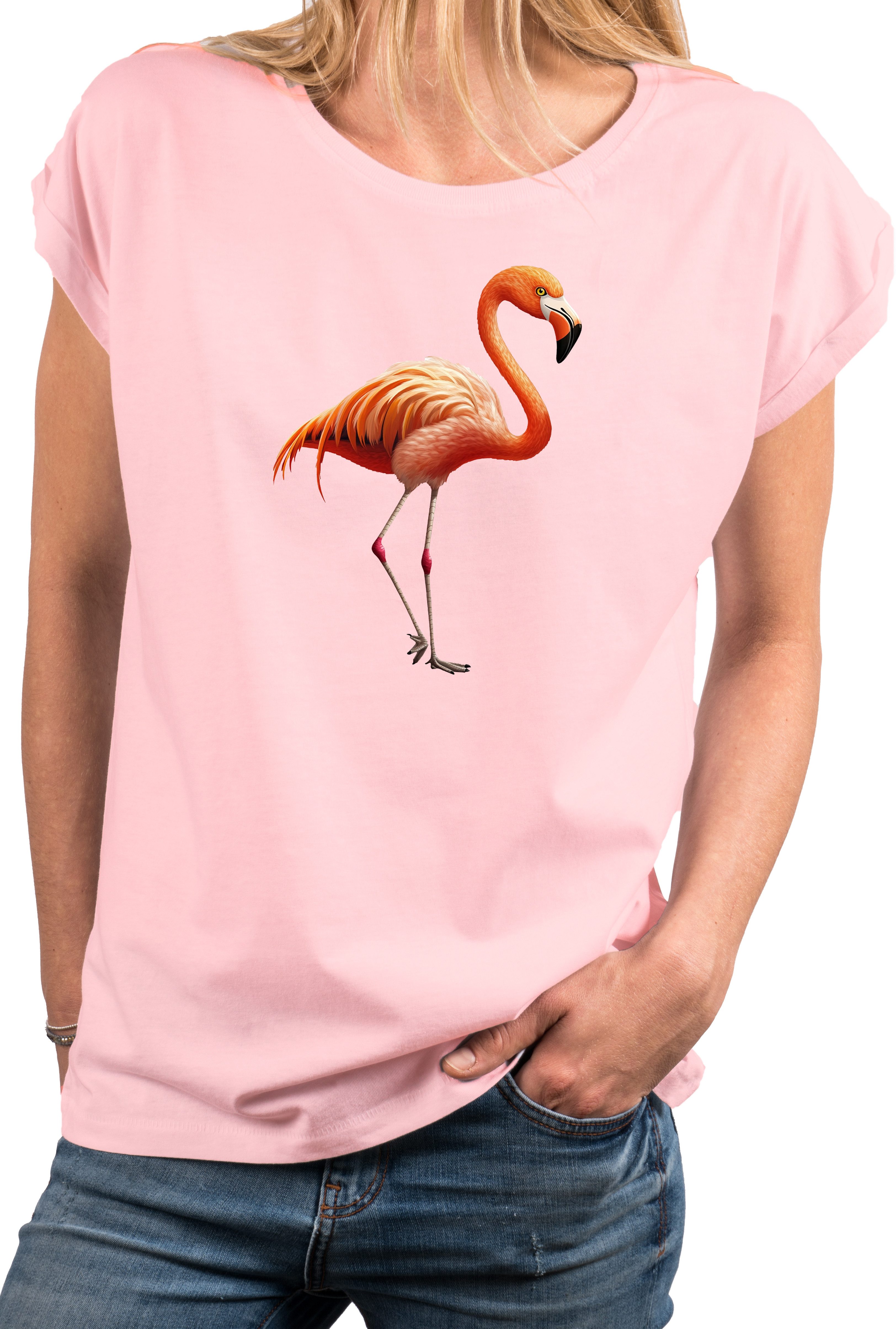 MAKAYA Print-Shirt Damen Flamingo Sommer Kurzarm günstig online kaufen