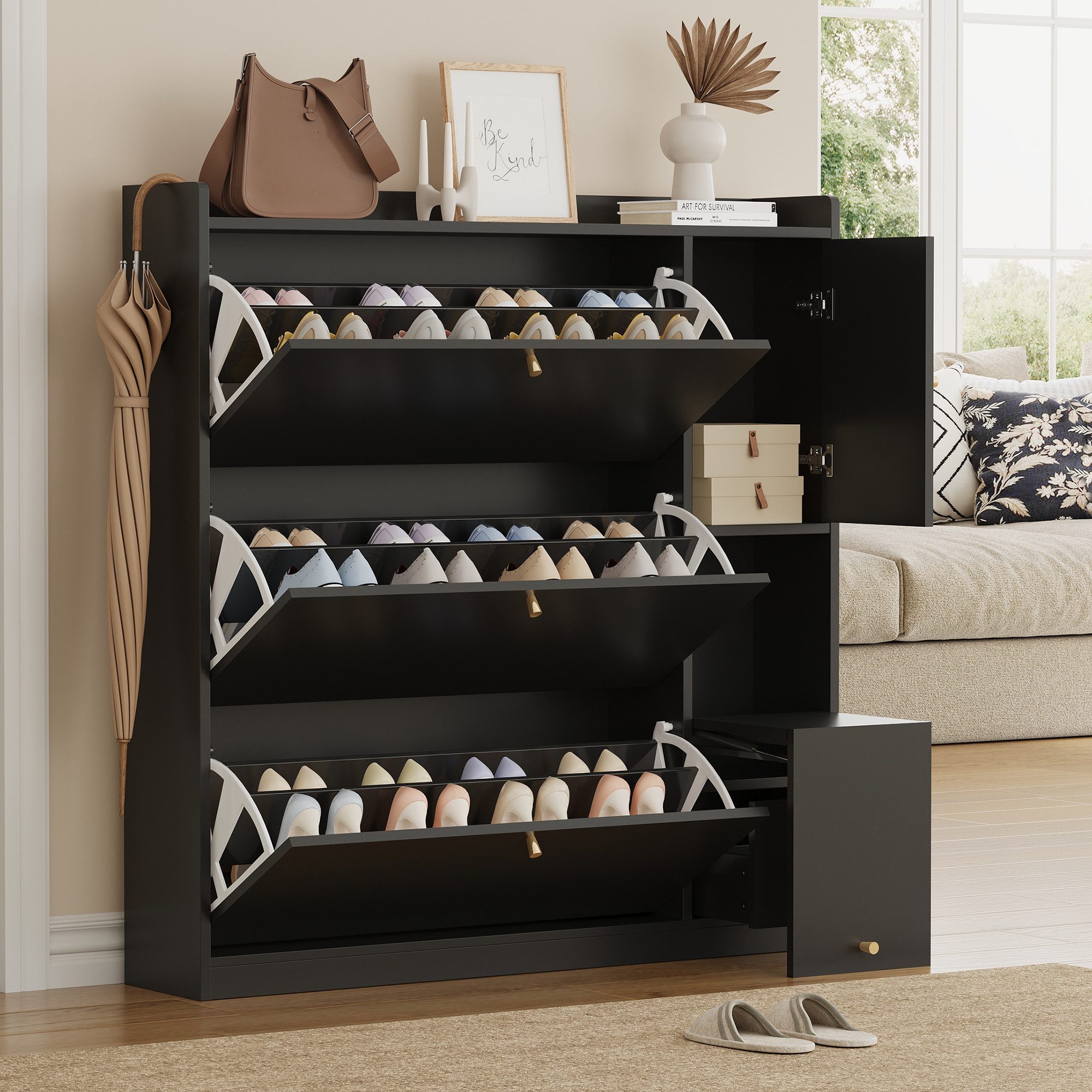 MODFU Schuhschrank mit 3 Klappschubladen (mit herunterklappbarer Sitzbank, Stauraum-Organizer für Flur,Modernes Design., 1-St., B119/D24/H122 cm) Mit Kippsicherung